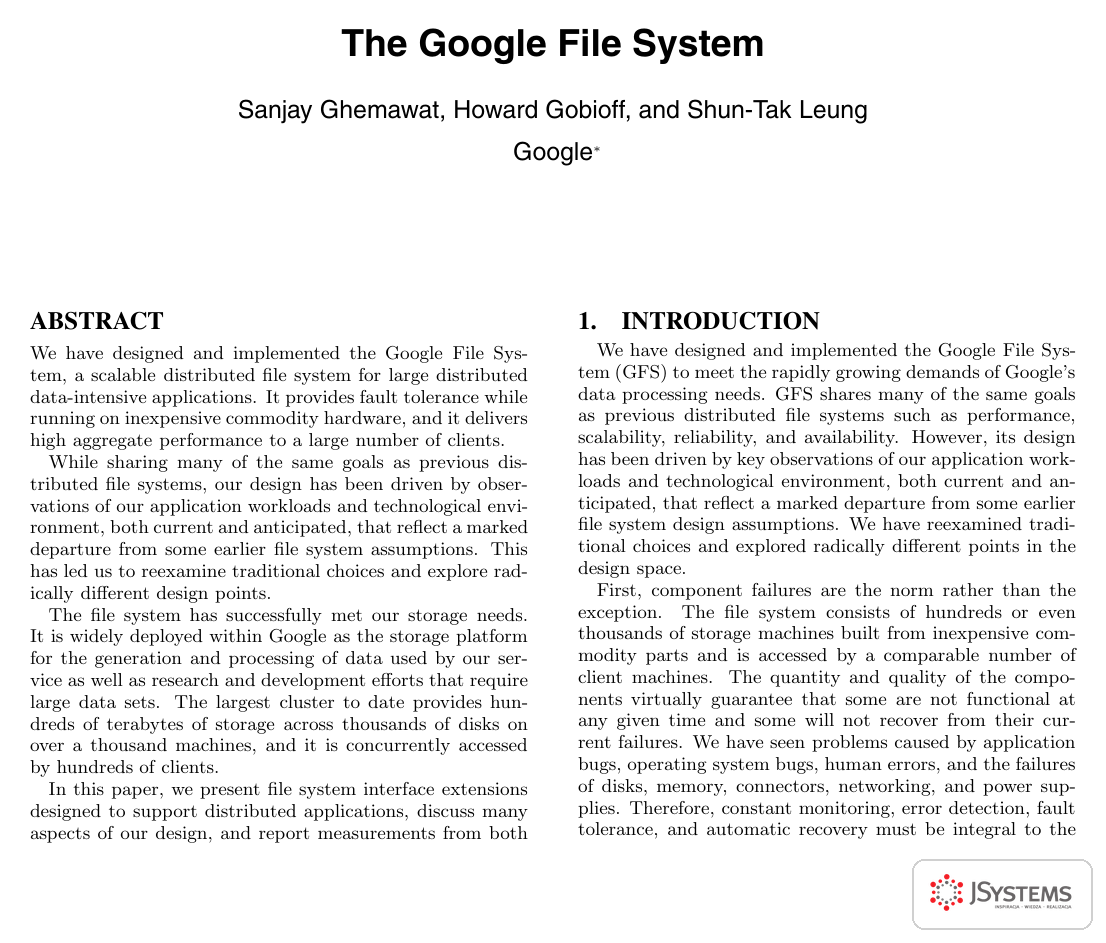 Pierwsza strona publikacji The Google File System z konferencji SOSP 2003, autorzy Ghemawat, Gobioff i Leung