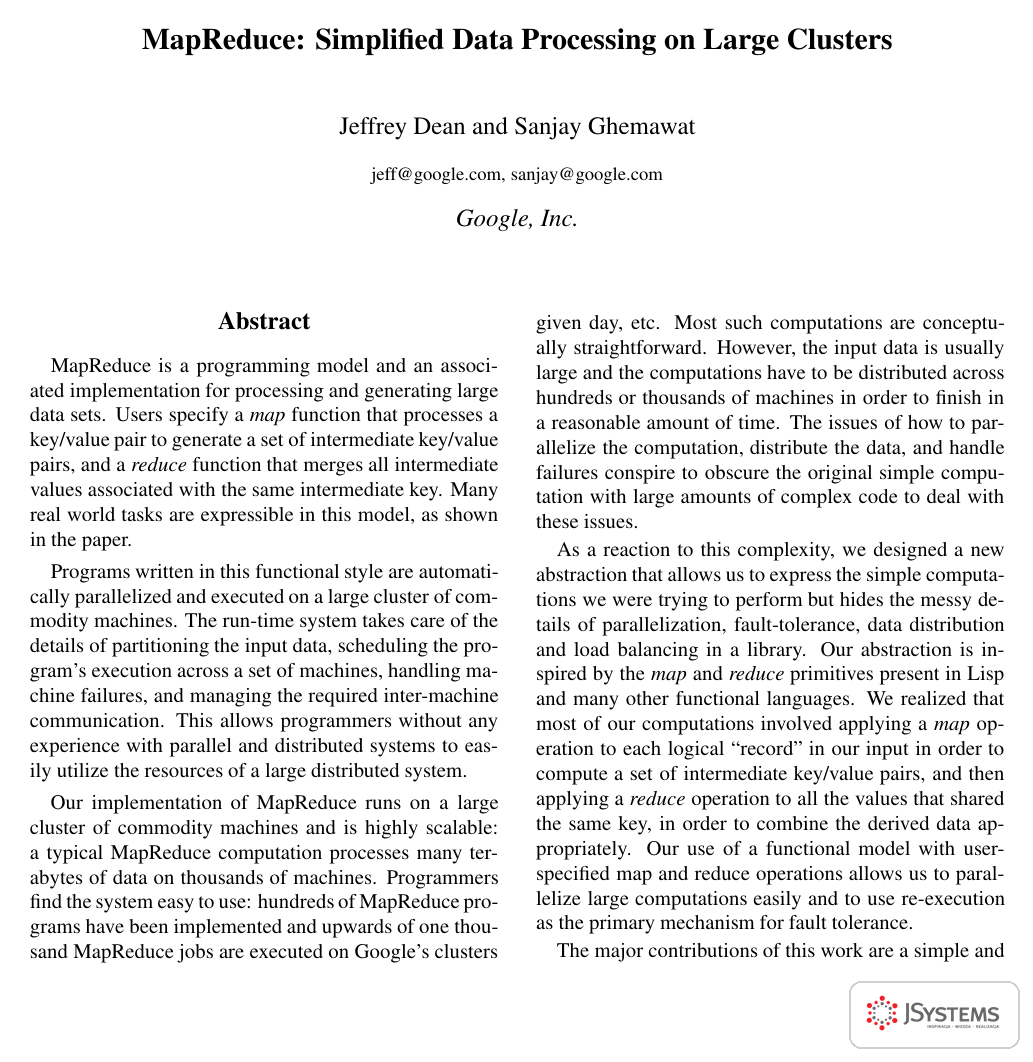 Pierwsza strona publikacji MapReduce: Simplified Data Processing on Large Clusters, Dean i Ghemawat, OSDI 2004