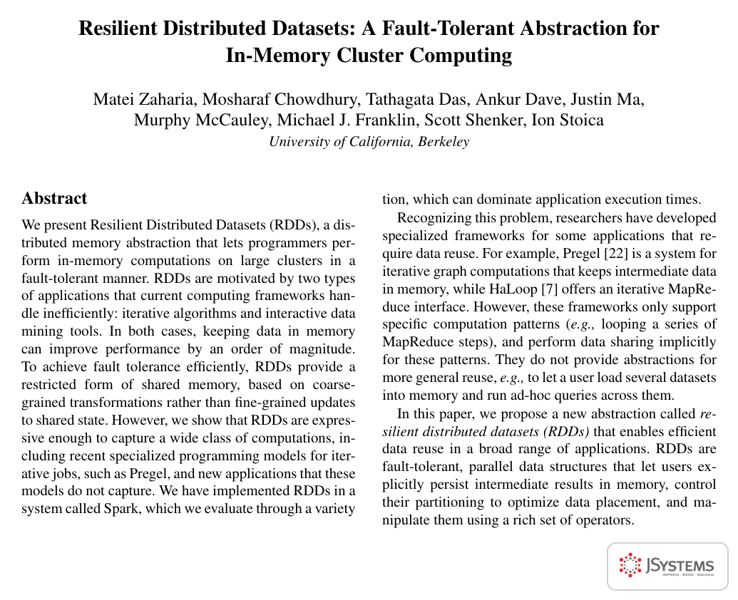 Pierwsza strona publikacji Resilient Distributed Datasets o Sparku z konferencji NSDI 2012, Zaharia i współautorzy