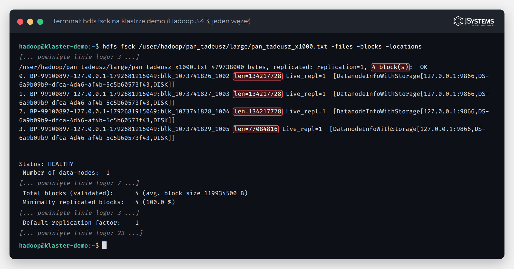Wynik polecenia hdfs fsck dla pliku pan_tadeusz_x1000.txt: cztery bloki HDFS, trzy po 128 MB