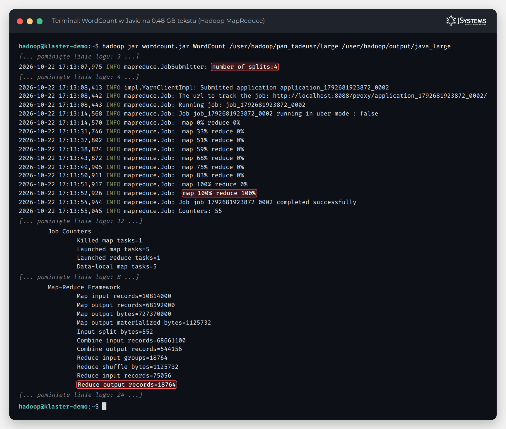 Terminal z wynikiem hadoop jar WordCount: postęp map i reduce w procentach oraz liczniki zadania MapReduce