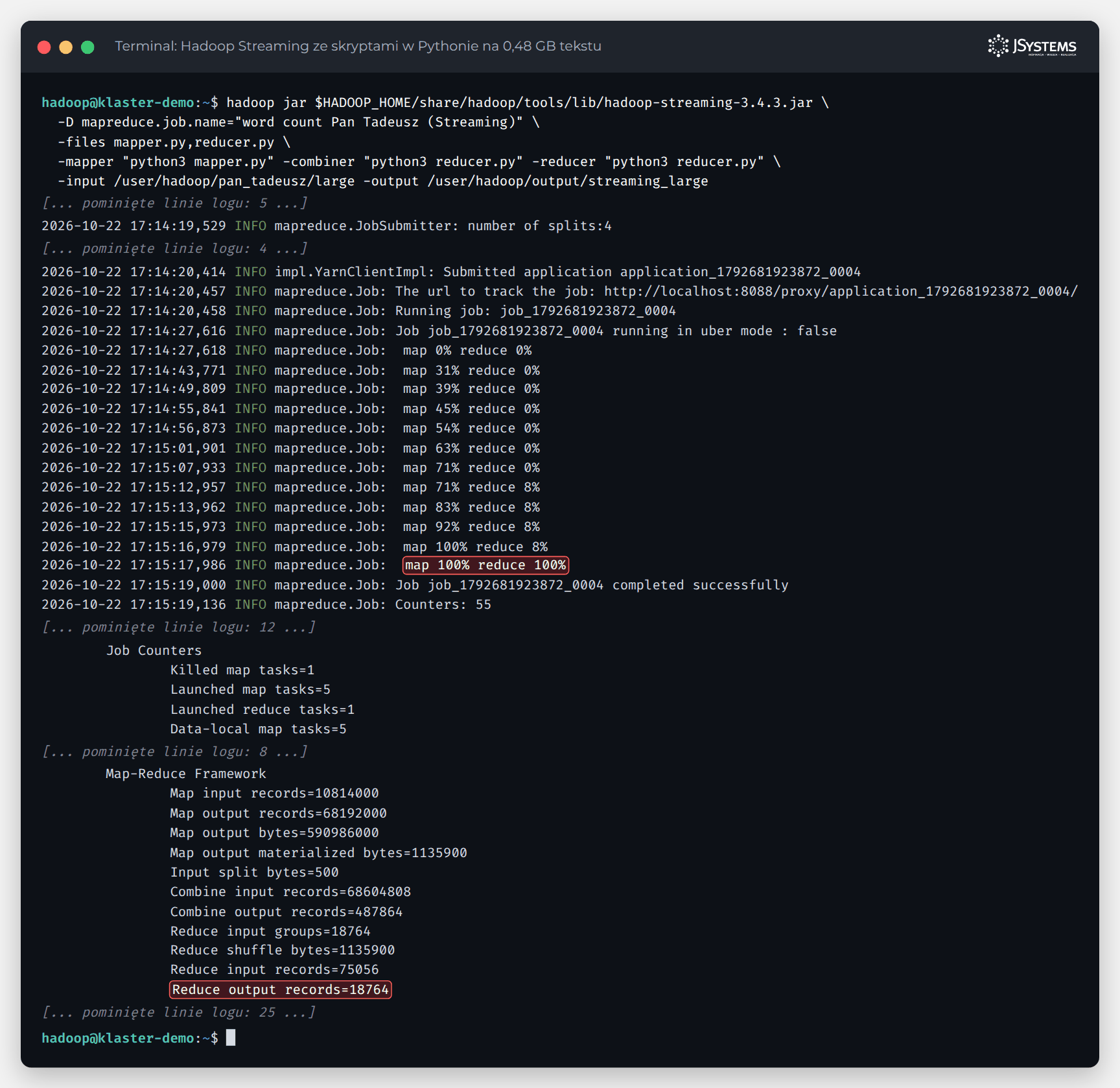 Terminal z uruchomieniem Hadoop Streaming ze skryptami mapper.py i reducer.py w Pythonie