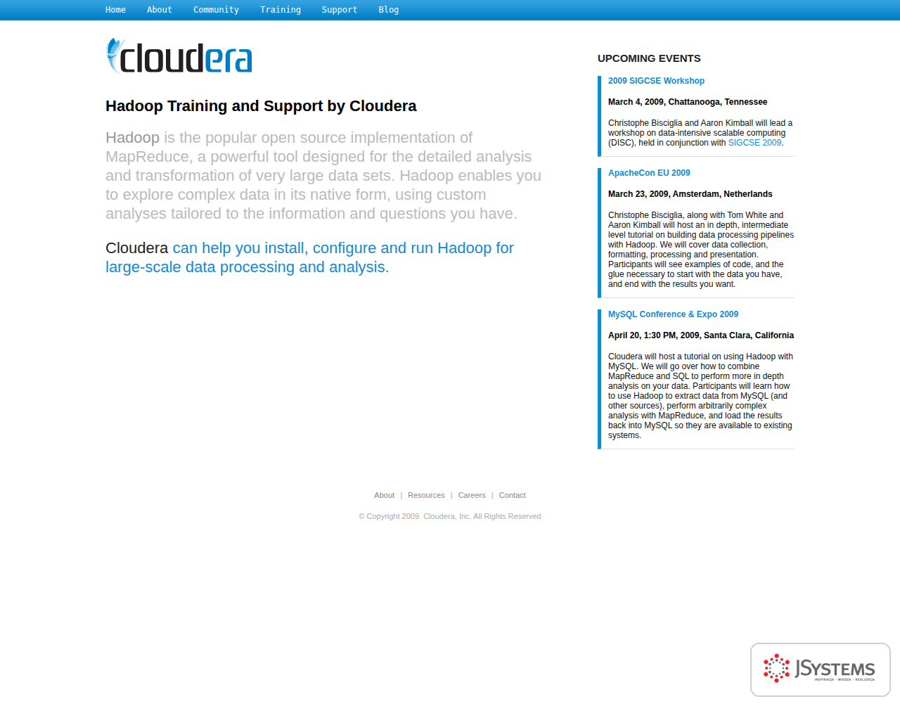 Strona Cloudera z 2009 roku w Wayback Machine z ofertą dystrybucji Hadoopa i wsparcia