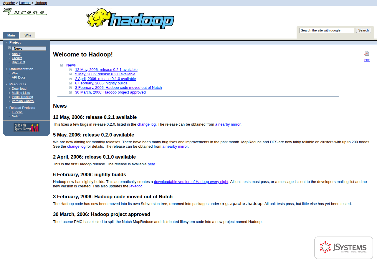 Archiwalna strona projektu Hadoop w serwisie Apache Lucene z 2006 roku w Wayback Machine