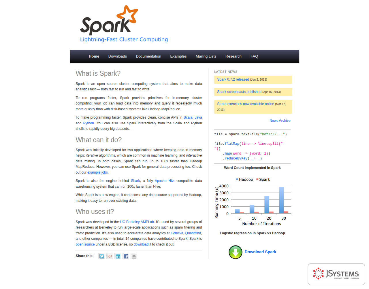 Strona projektu Spark spark-project.org z 2013 roku w Wayback Machine, przed przejściem do Apache