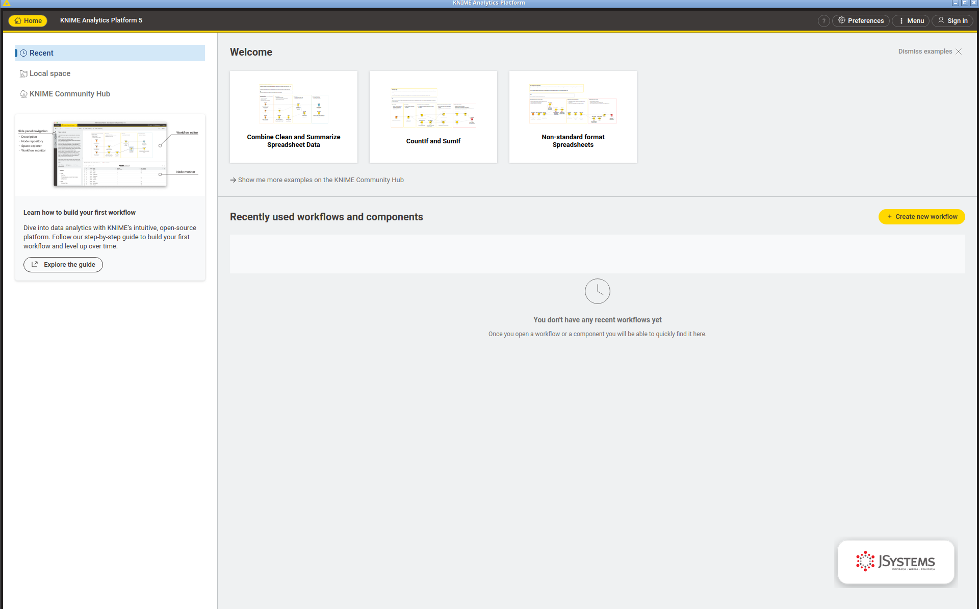 Ekran startowy KNIME Analytics Platform: lokalna przestrzeń robocza, KNIME Community Hub, przykładowe przepływy i przycisk Create new workflow