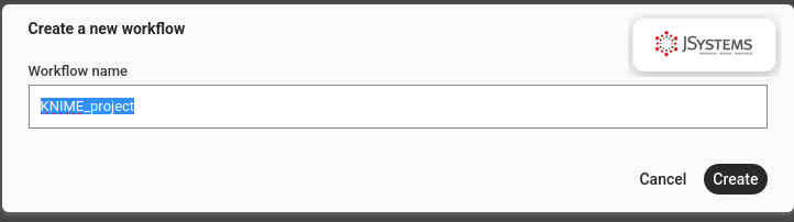 Okno tworzenia nowego przepływu w KNIME z polem na nazwę workflow i przyciskiem Create