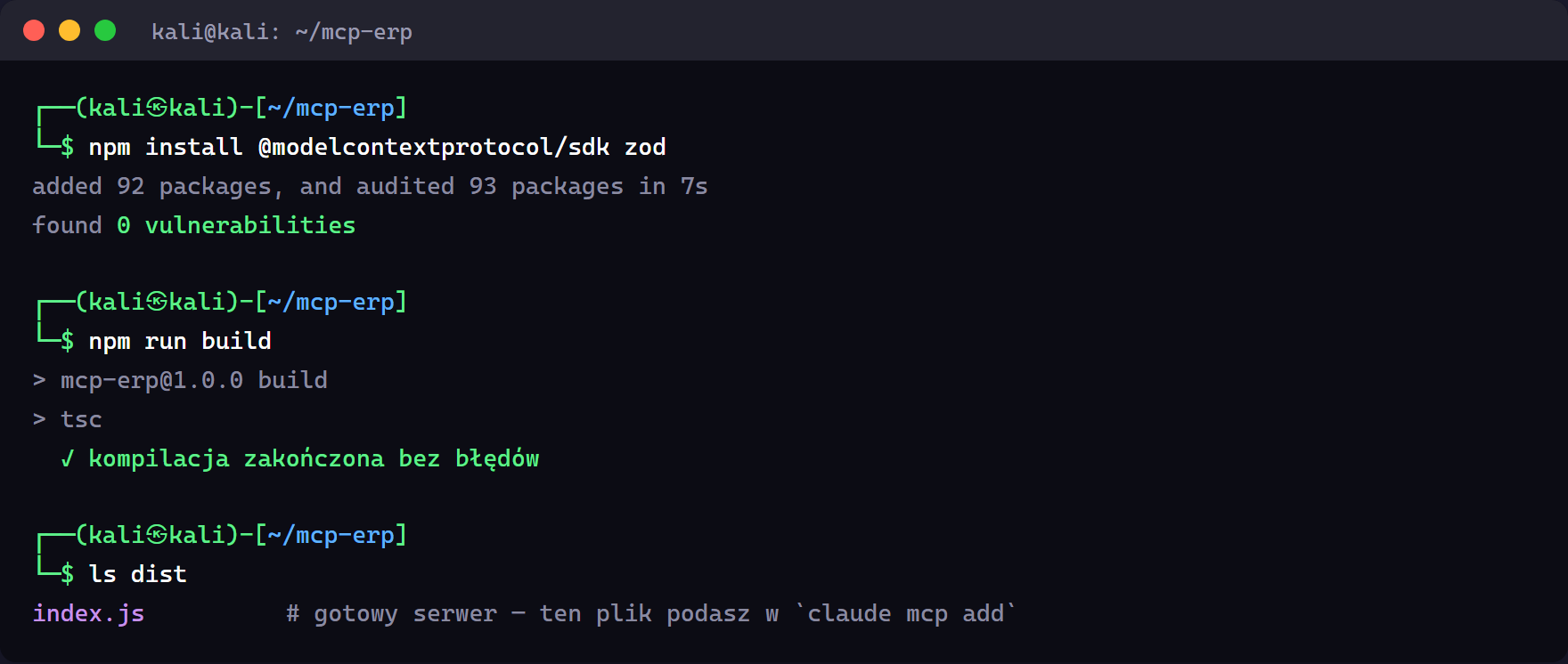 Budowanie serwera MCP: npm install i npm run build na Kali Linux