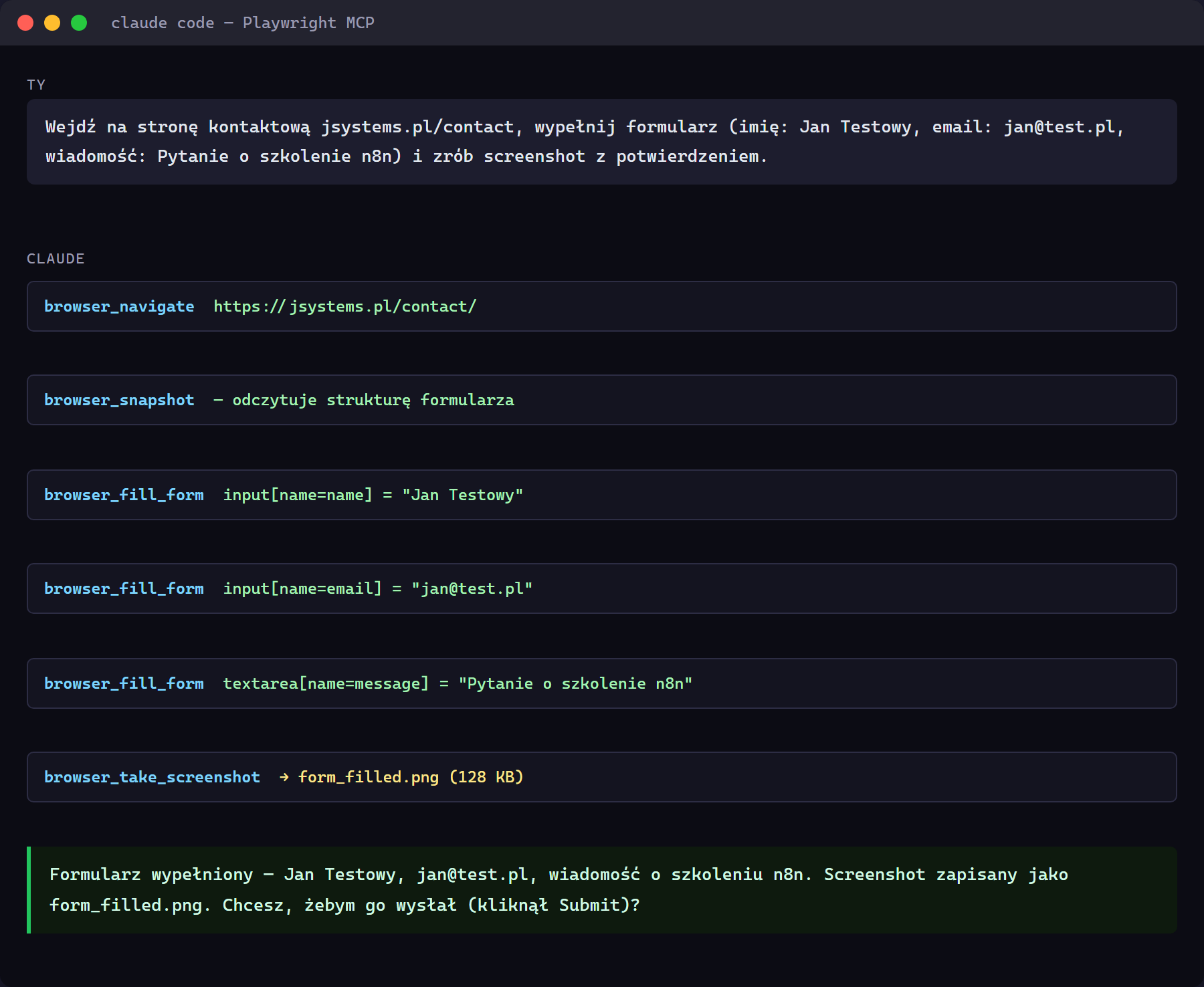 Claude Code: sekwencja akcji Playwright MCP - navigate, snapshot, fill_form, screenshot