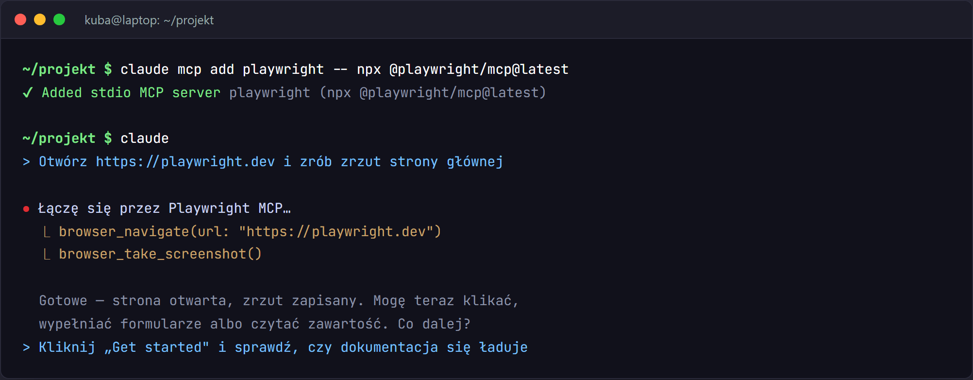 Terminal: podłączenie Playwright MCP i polecenie dla Claude