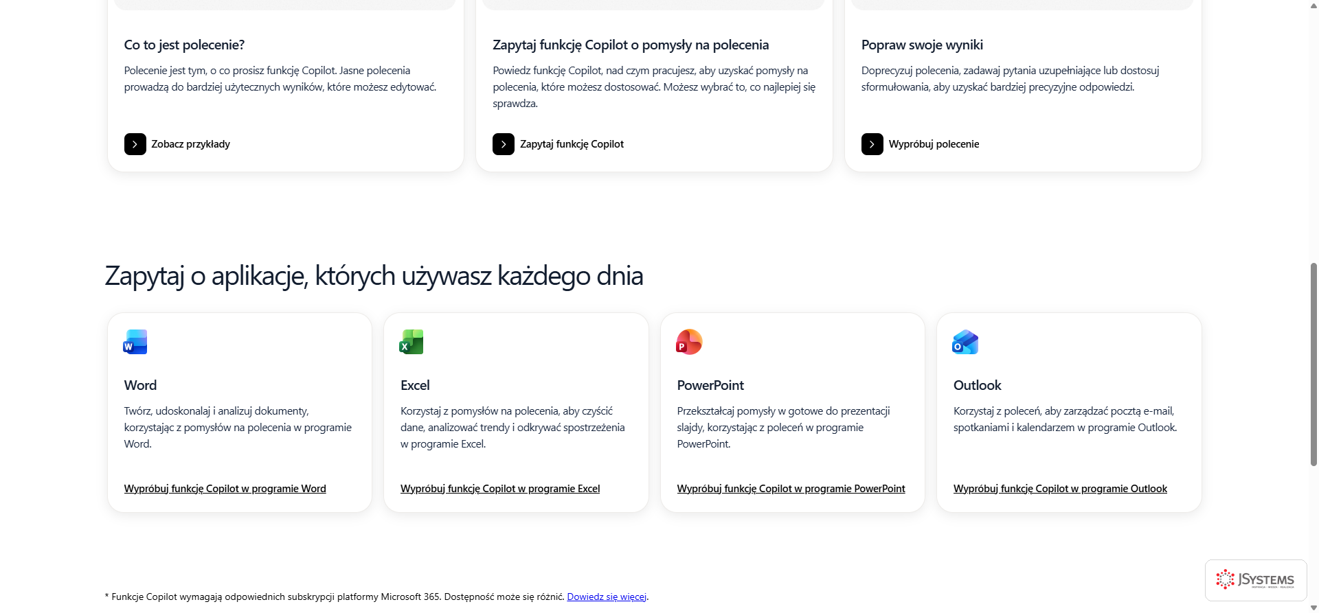 Sekcja publicznej strony Microsoft 365 Copilot z kartami Word, Excel, PowerPoint i Outlook oraz opisem, co Copilot robi w każdej z tych aplikacji