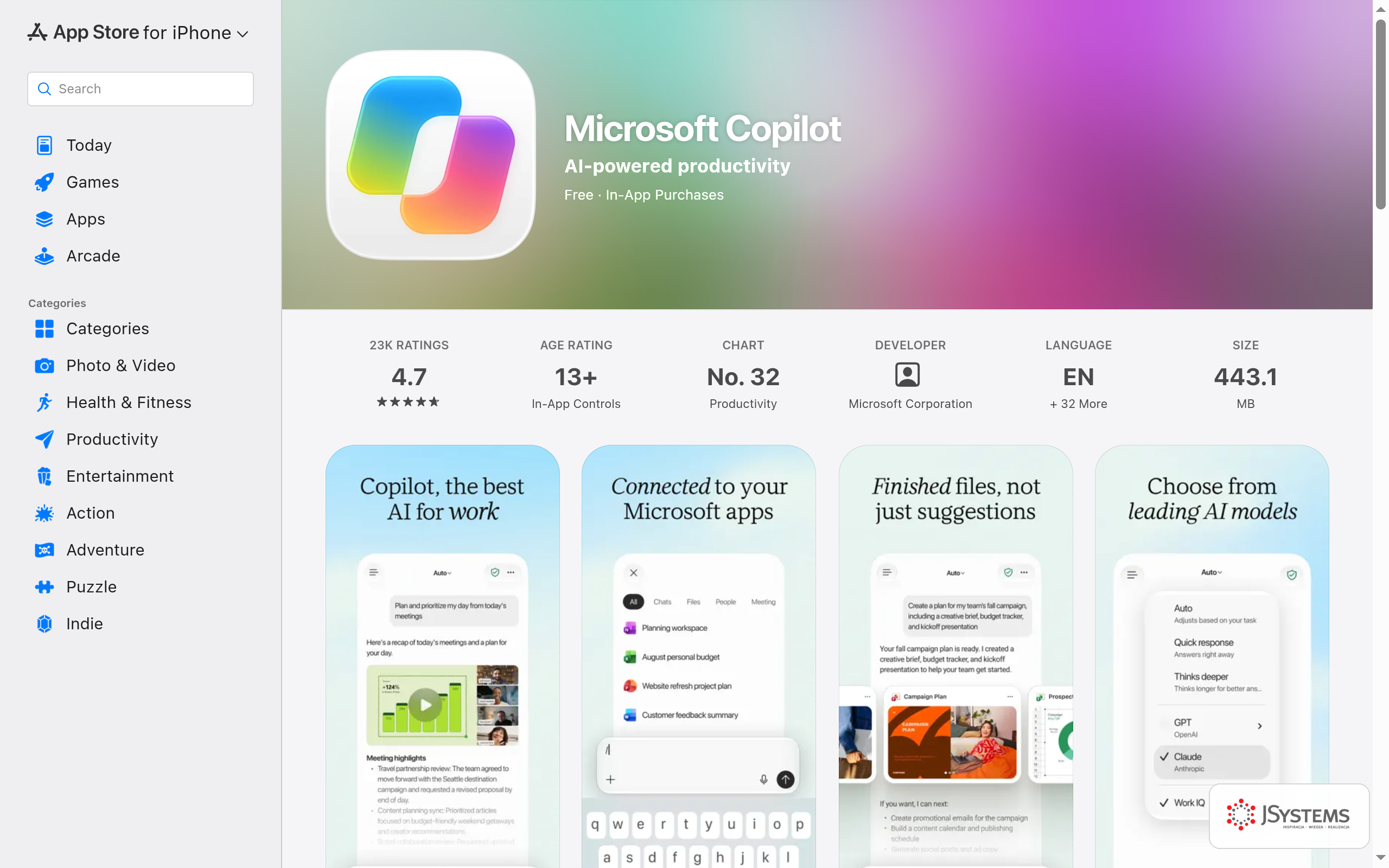 Karta aplikacji Microsoft Copilot w App Store z oceną 4,7 i zrzutami ekranu