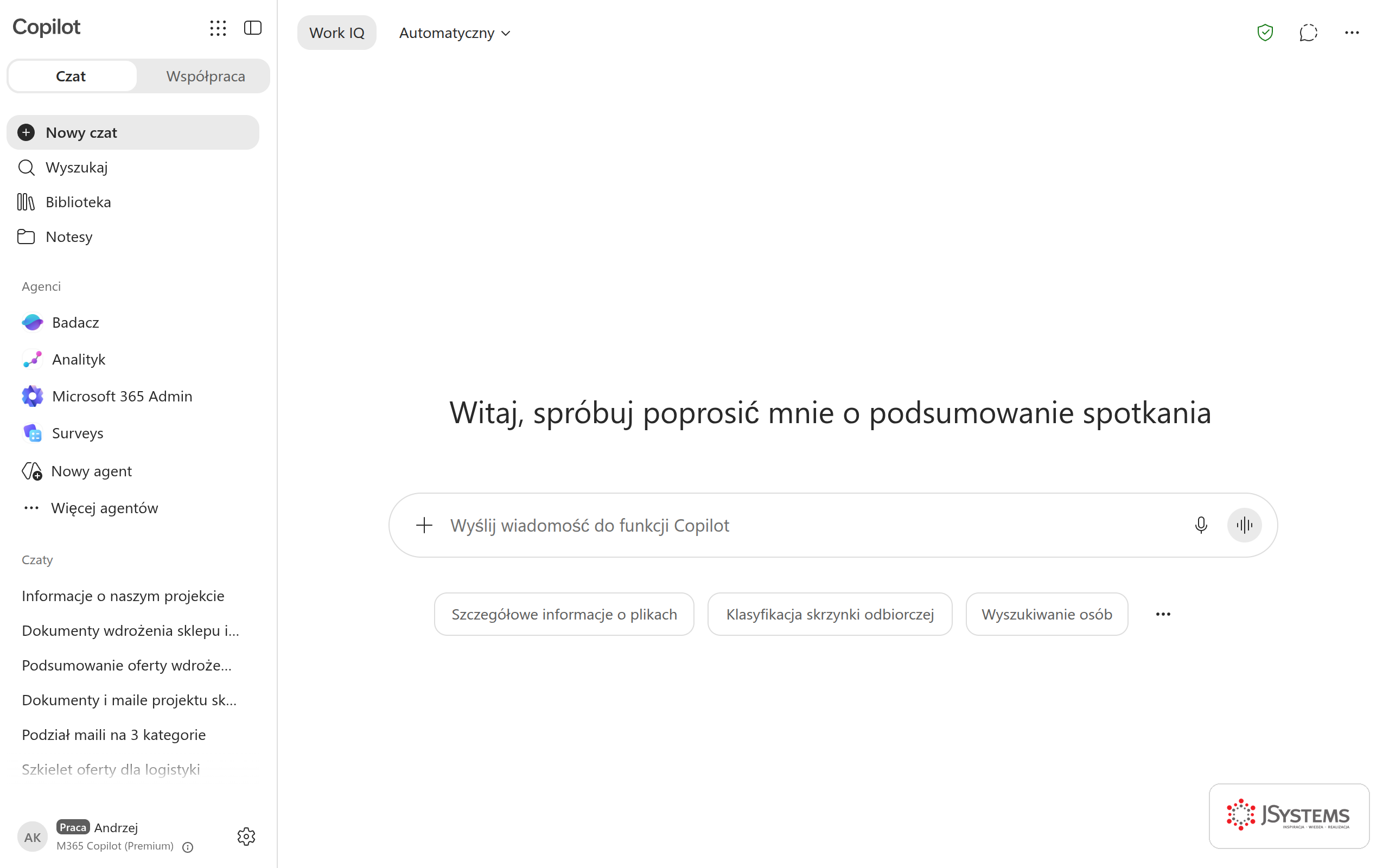 Interfejs Copilot Chat po zalogowaniu kontem służbowym z licencją Microsoft 365 Copilot