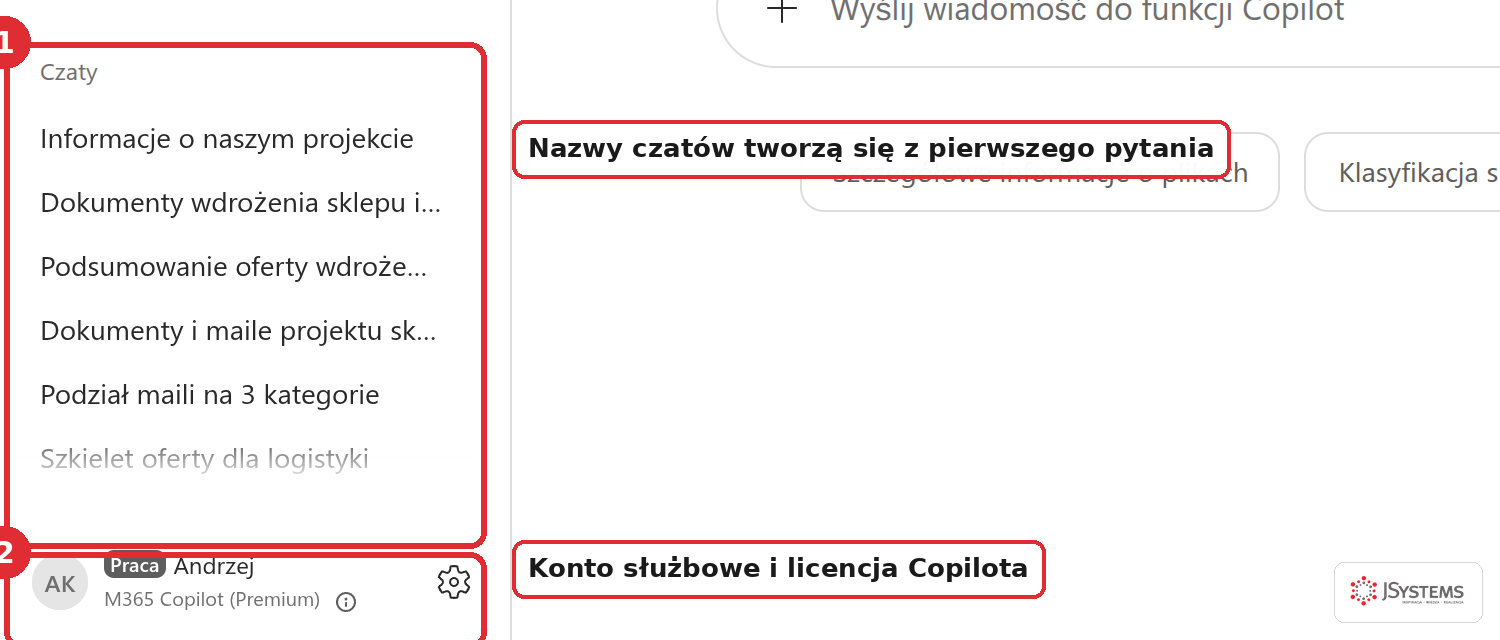 Sekcja Czaty w lewej nawigacji z listą zapisanych rozmów nazwanych od pierwszego pytania