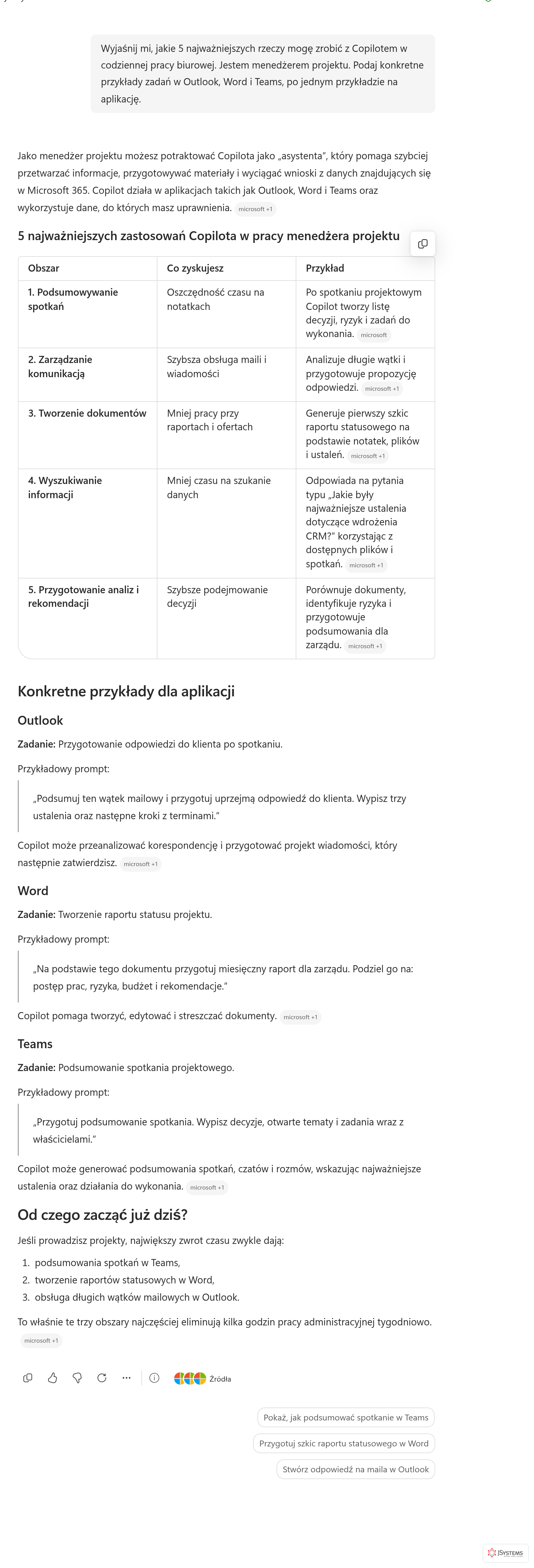 Odpowiedź Copilota na pierwszy prompt: pięć zastosowań z przykładami dla Outlooka, Worda i Teams