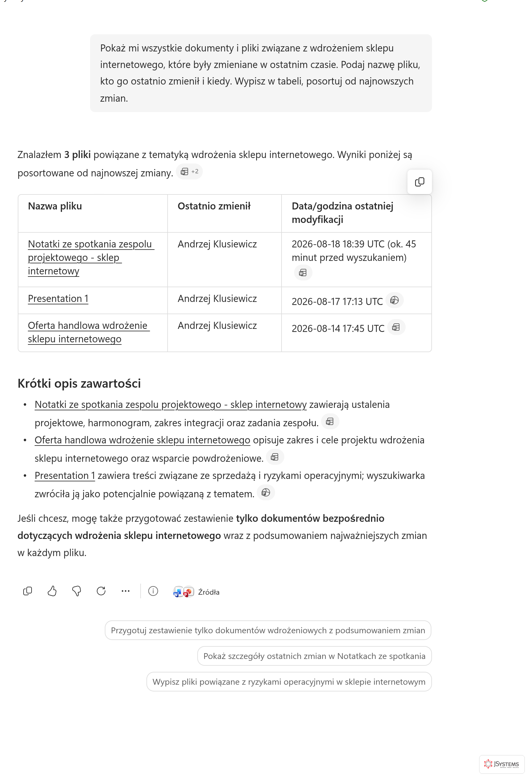 Tabela plików projektu z nazwą, osobą, która wprowadziła zmiany, i datą modyfikacji