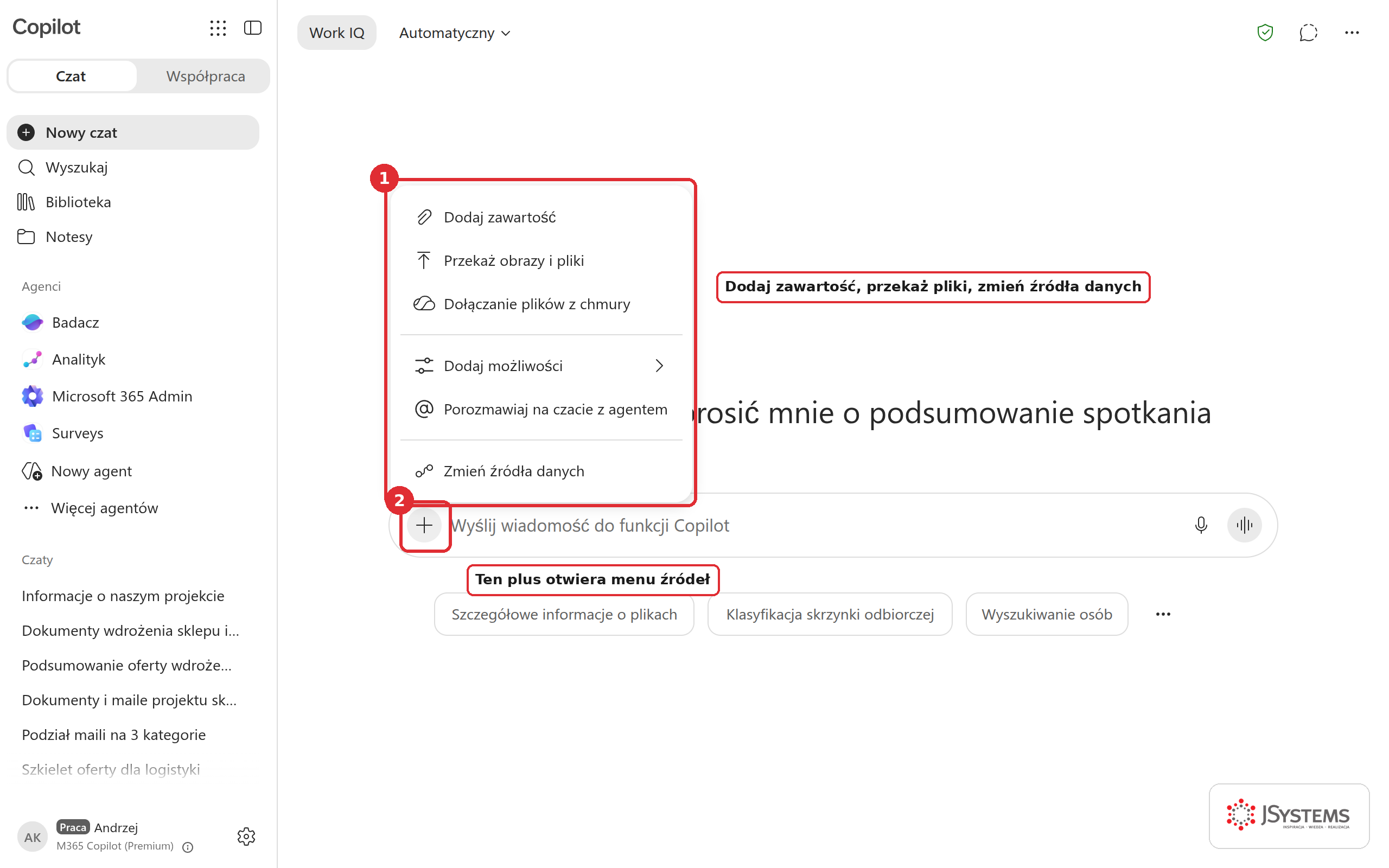 Rozwinięte menu plusa przy polu wiadomości z opcjami dołączania plików i zmiany źródeł