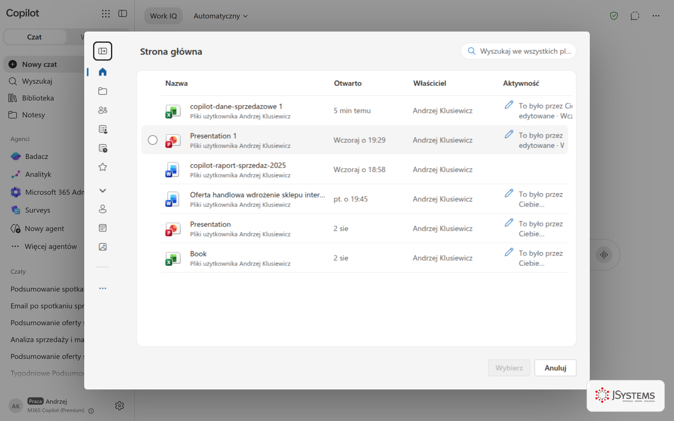 Okno wyboru pliku z OneDrive otwarte po kliknięciu Dołączanie plików z chmury