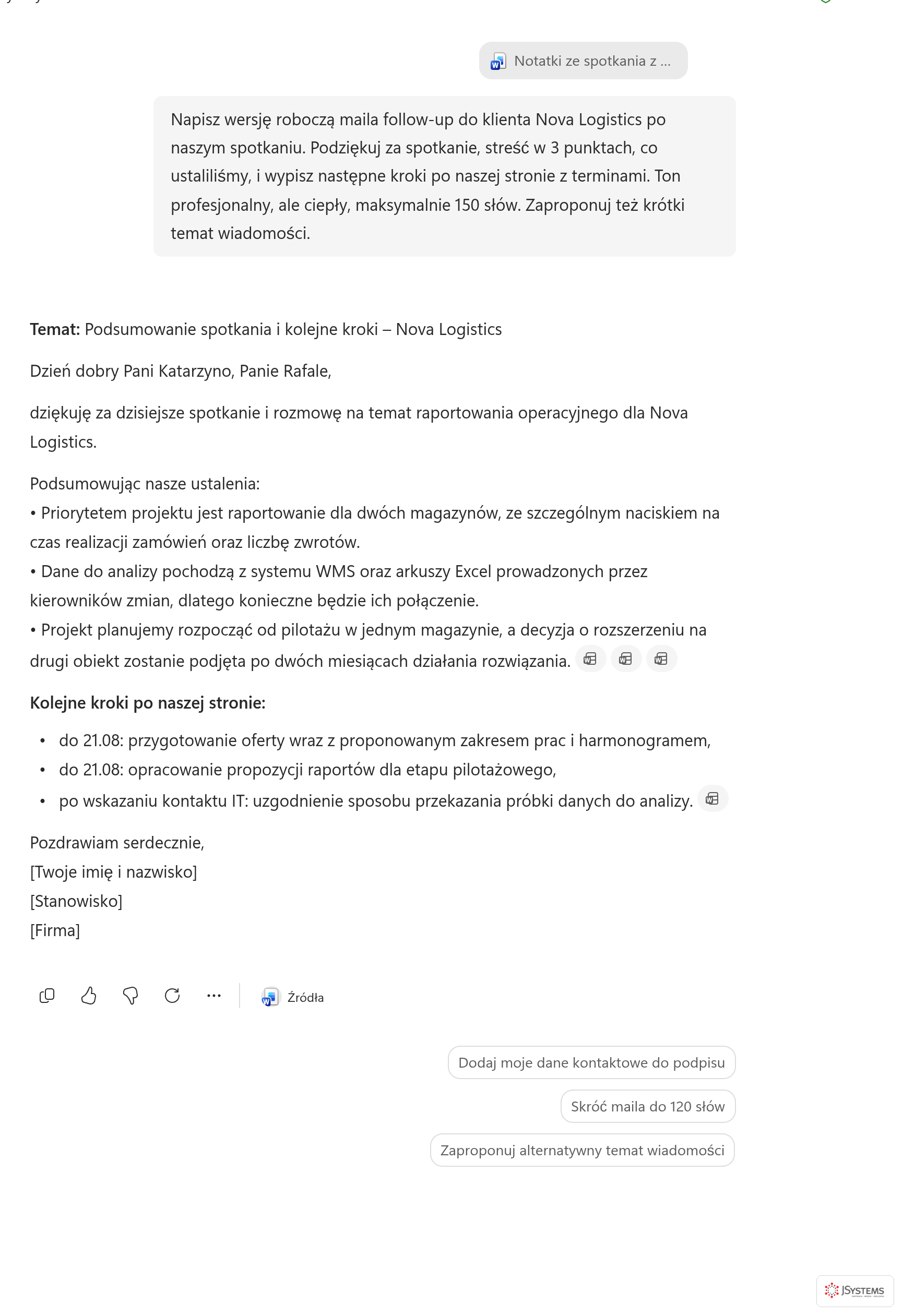 Wersja robocza maila follow-up do klienta z tematem, podsumowaniem ustaleń i terminami