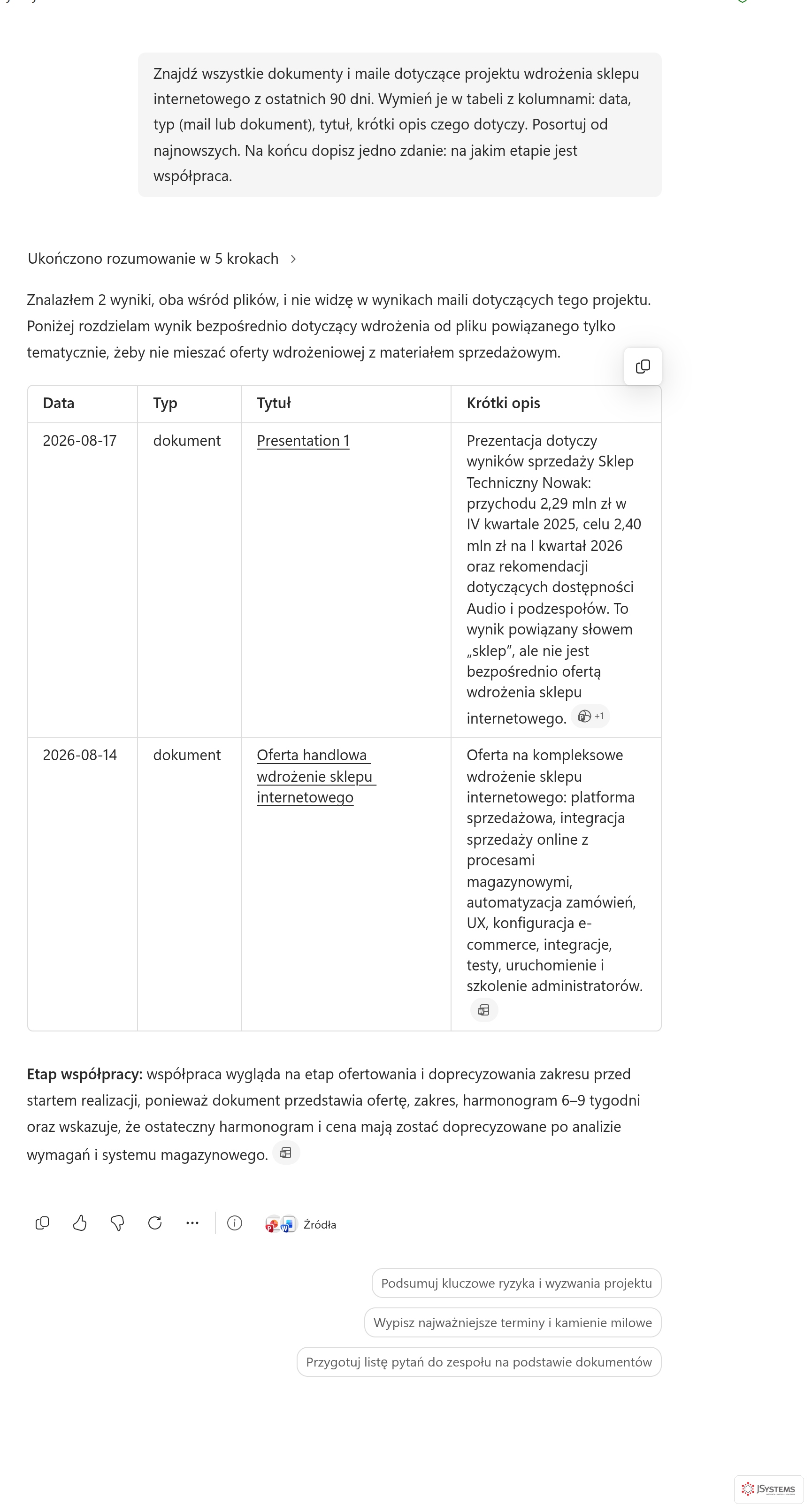 Tabela z dokumentami projektu: data, typ, tytuł i krótki opis, posortowana od najnowszych