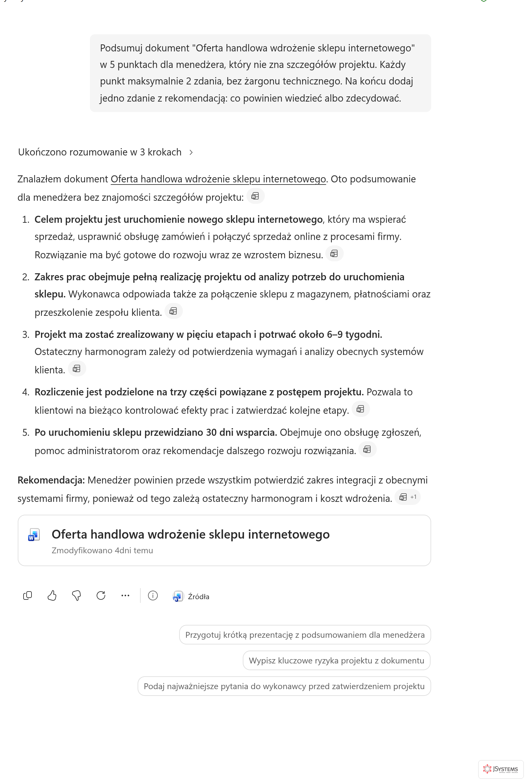 Podsumowanie dokumentu w pięciu punktach dla menedżera z rekomendacją na końcu