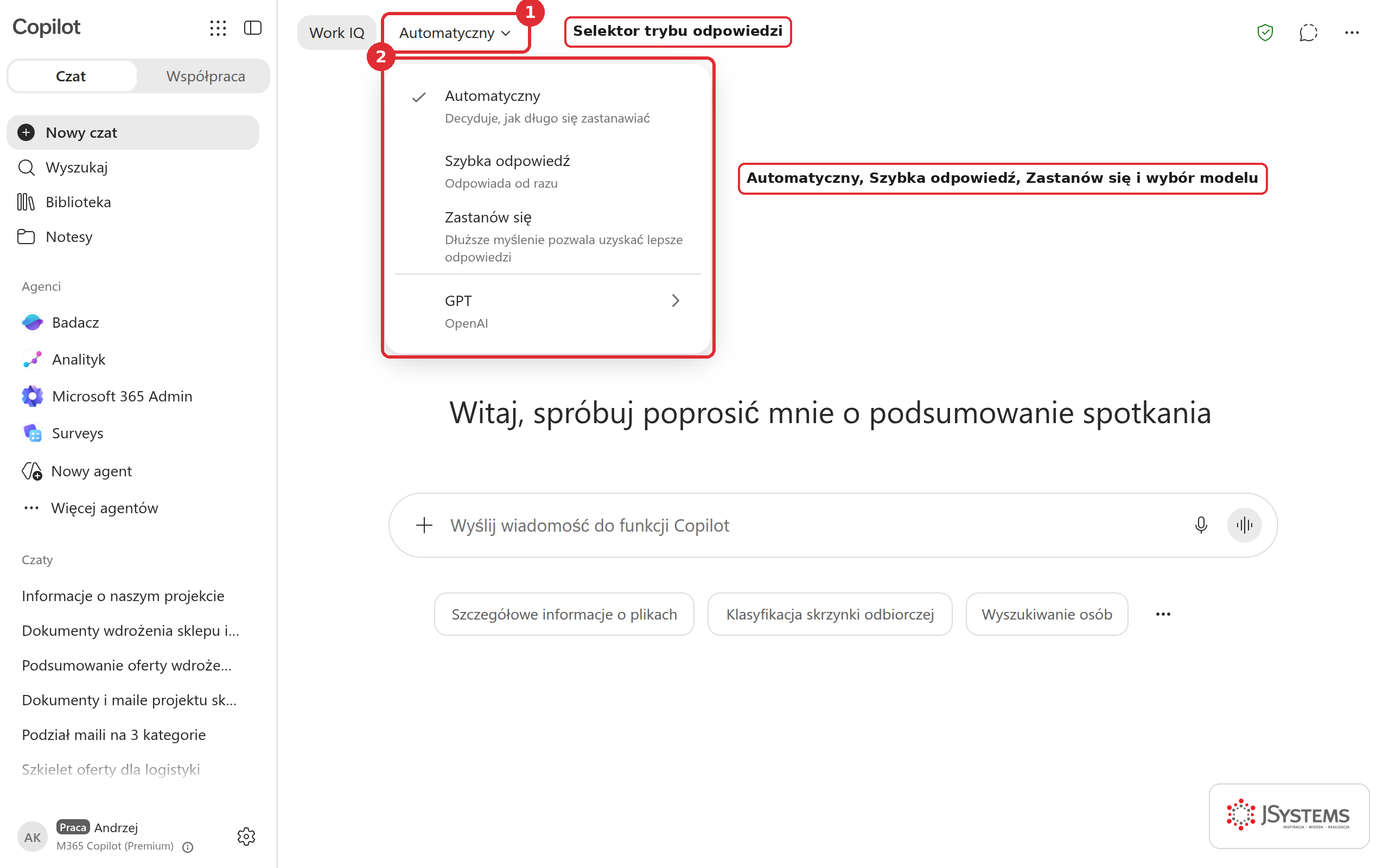 Rozwinięty selektor trybu z opcjami Automatyczny, Szybka odpowiedź, Zastanów się oraz wyborem modelu
