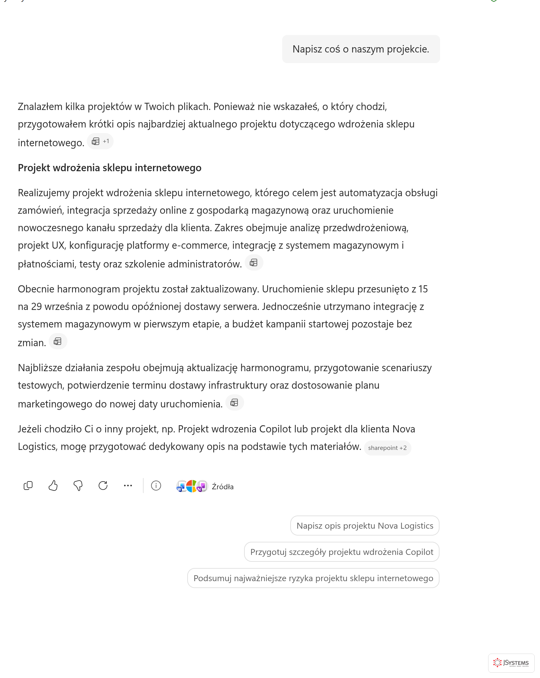 Odpowiedź Copilota na zbyt ogólne polecenie: pytania zwrotne zamiast konkretów