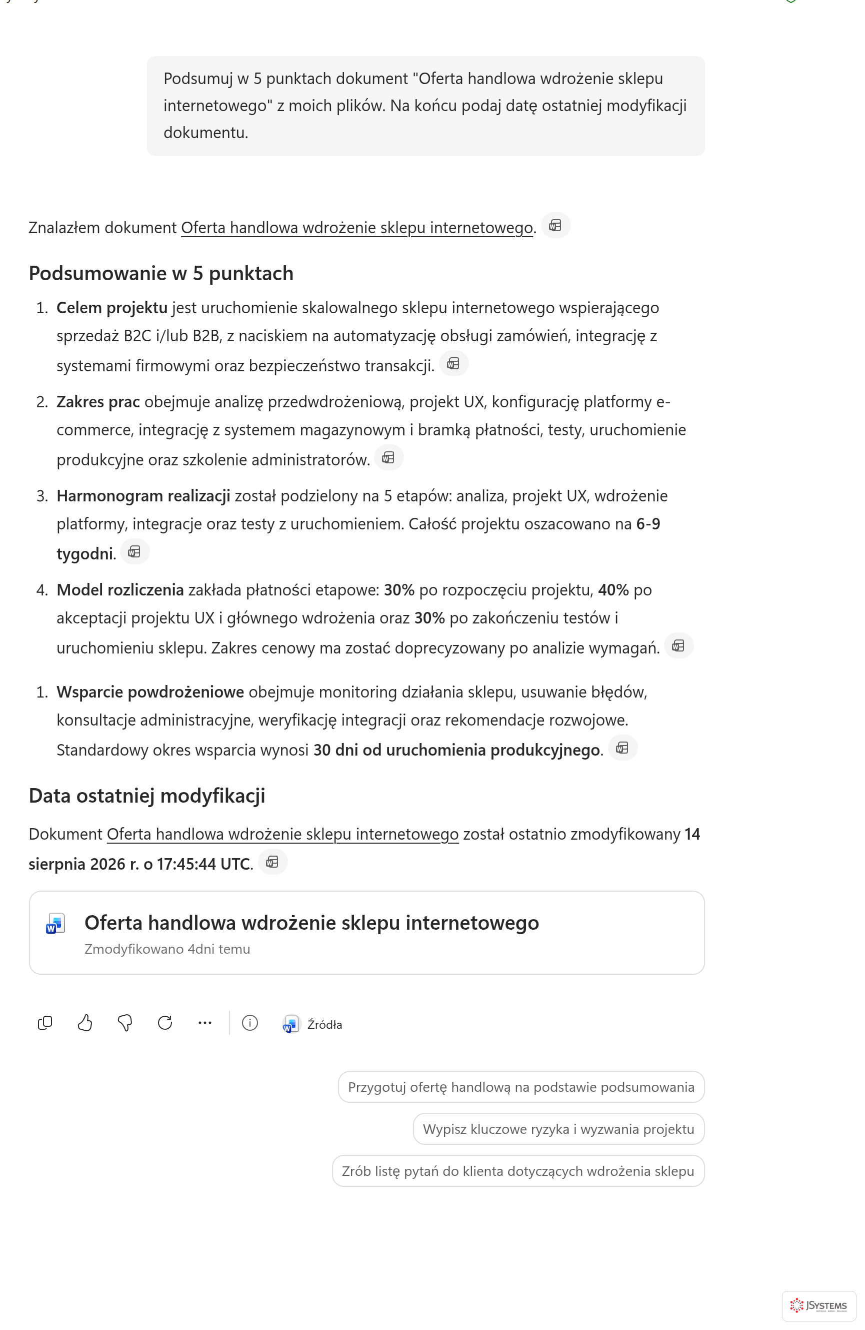 Odpowiedź Copilota z odsyłaczem do dokumentu i znacznikami źródeł przy poszczególnych zdaniach