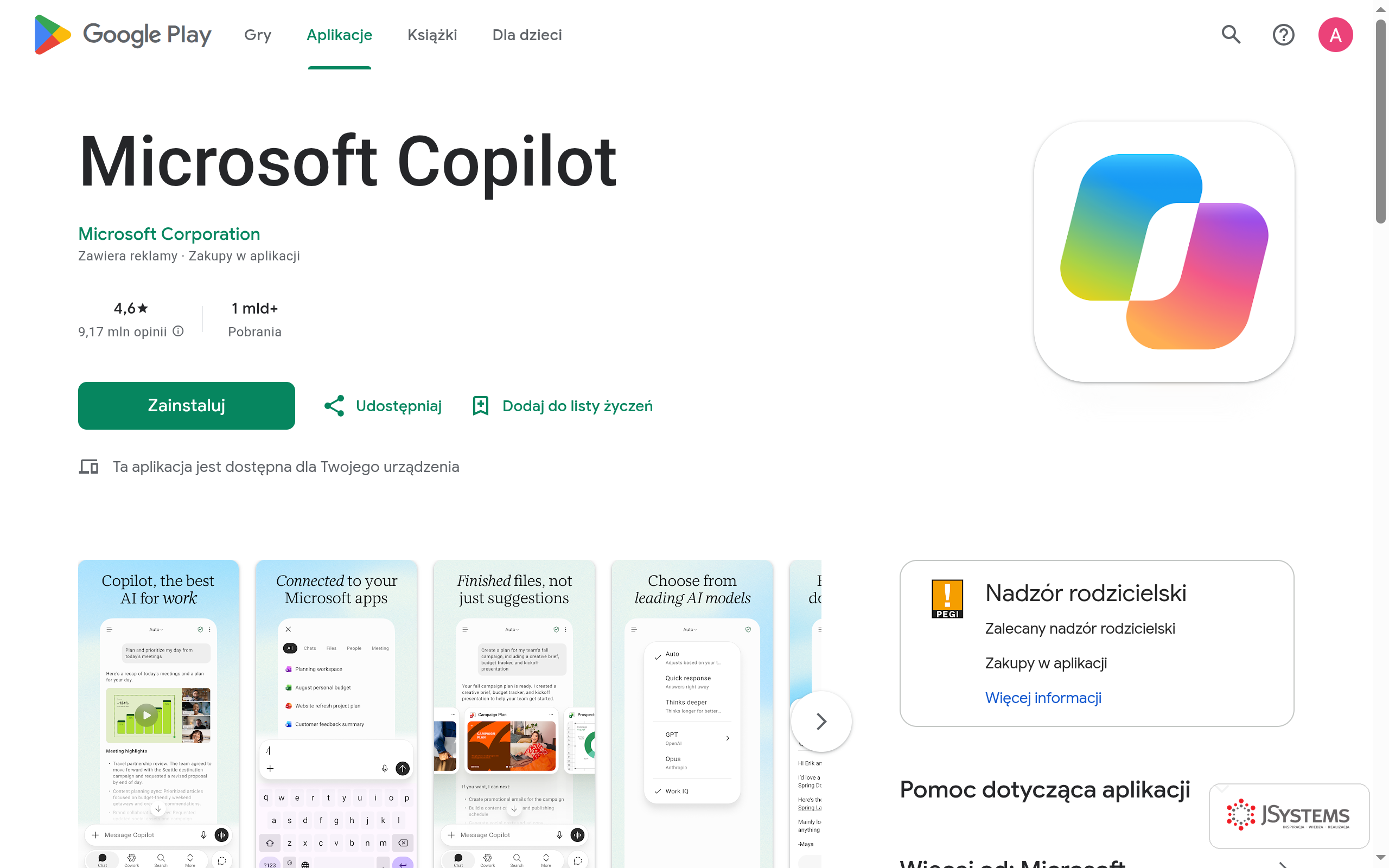 Karta aplikacji Microsoft Copilot w Google Play z przyciskiem Zainstaluj
