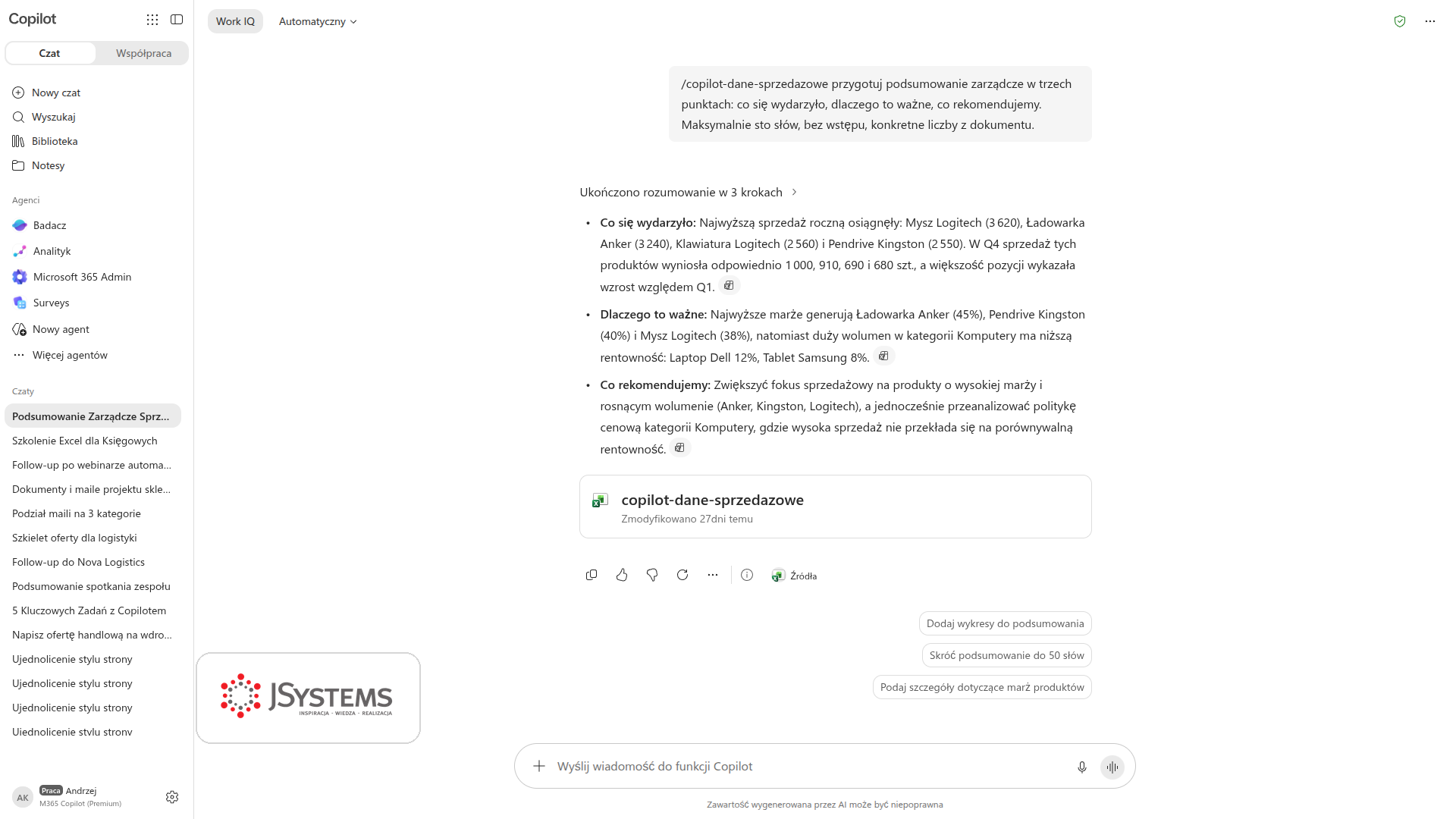 Copilot Chat przygotowuje podsumowanie zarządcze z pliku sprzedażowego z konkretnymi produktami i marżami