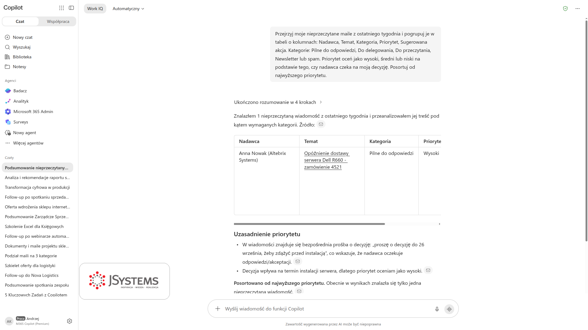Copilot Chat grupuje nieprzeczytane maile w tabeli z kategorią, priorytetem i sugerowaną akcją