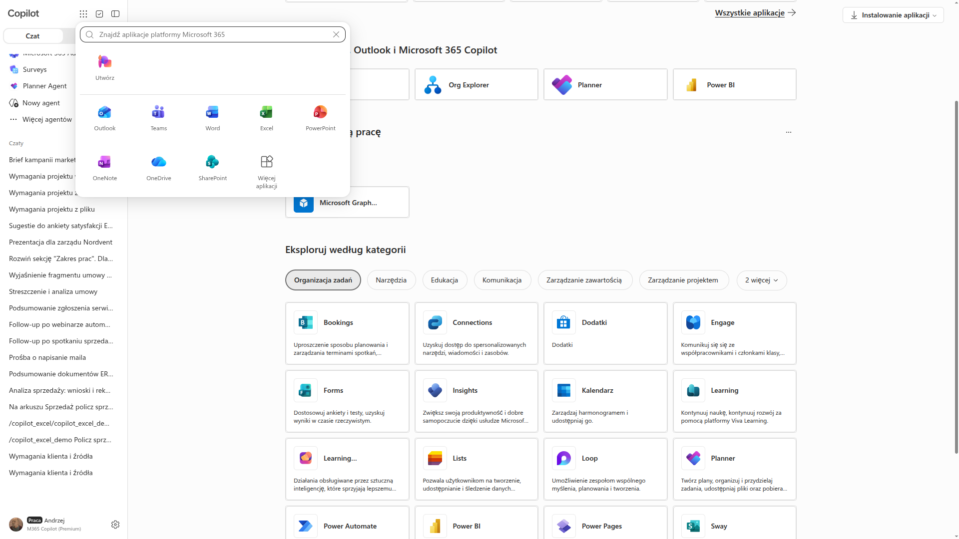 Uruchamianie aplikacji Microsoft 365 z kafelkami Word, Excel, PowerPoint, Outlook, Teams, OneNote i OneDrive