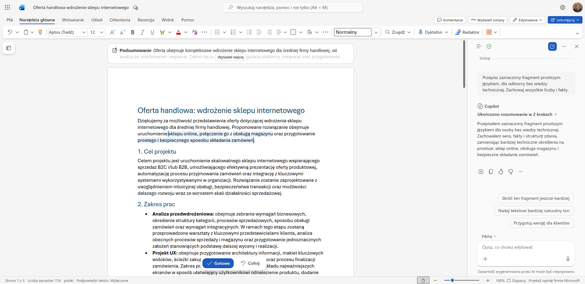 Word po przepisaniu zaznaczonego fragmentu przez Copilota, z przyciskami Gotowe i Cofnij nad tekstem
