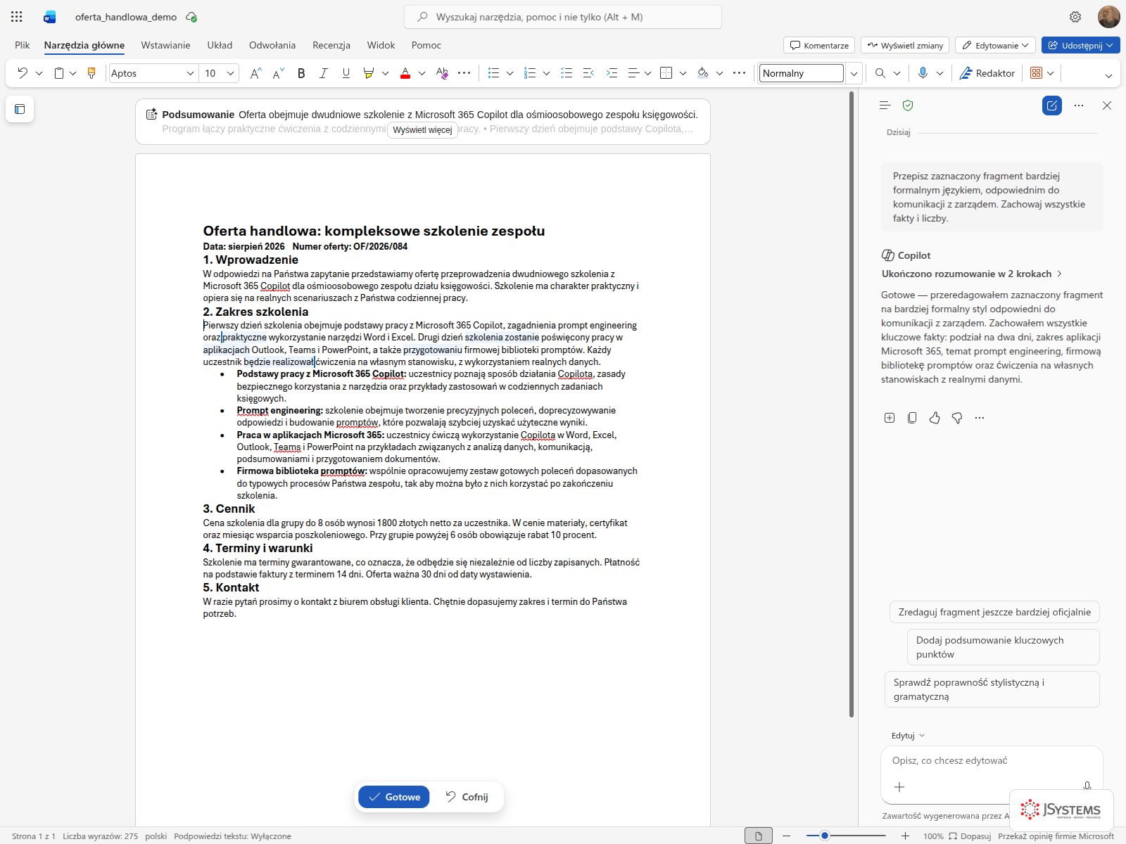 Panel Copilota w Word Online po przeredagowaniu zaznaczonego akapitu na styl formalny