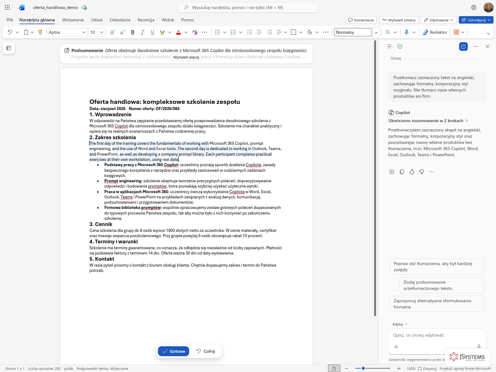 Panel Copilota w Word Online z tłumaczeniem zaznaczonego akapitu na angielski
