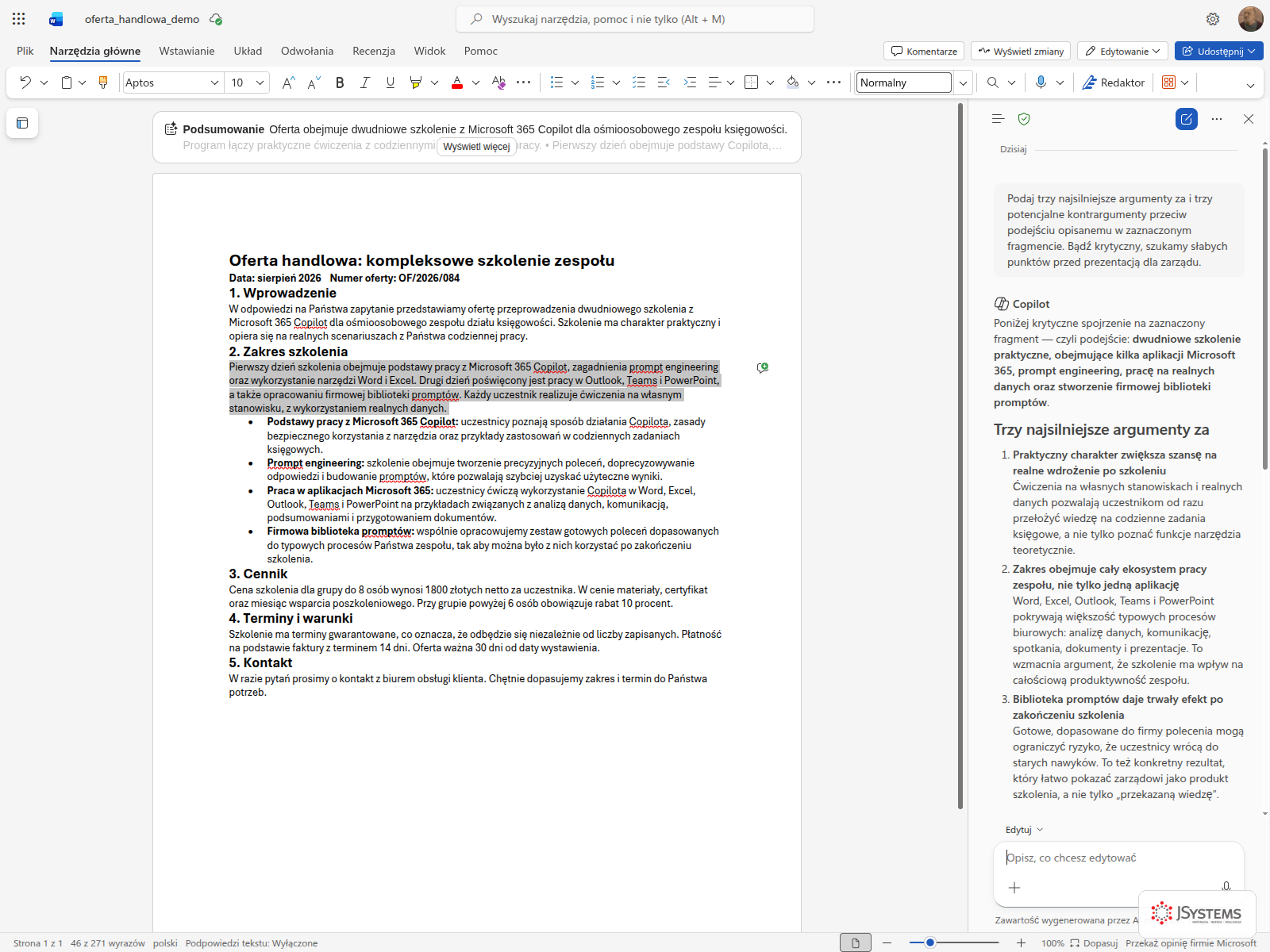 Panel Copilota w Word Online z argumentami za i kontrargumentami wobec podejścia opisanego w dokumencie