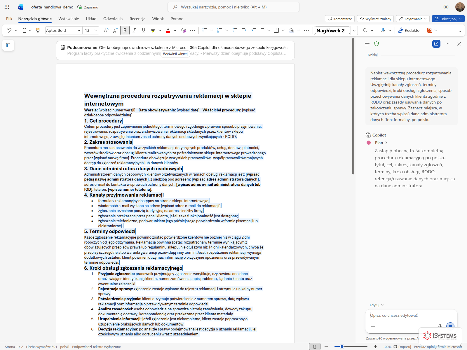 Panel Copilota w Word Online z wygenerowaną procedurą reklamacyjną z sekcjami zakresu, kanałów zgłoszeń i RODO