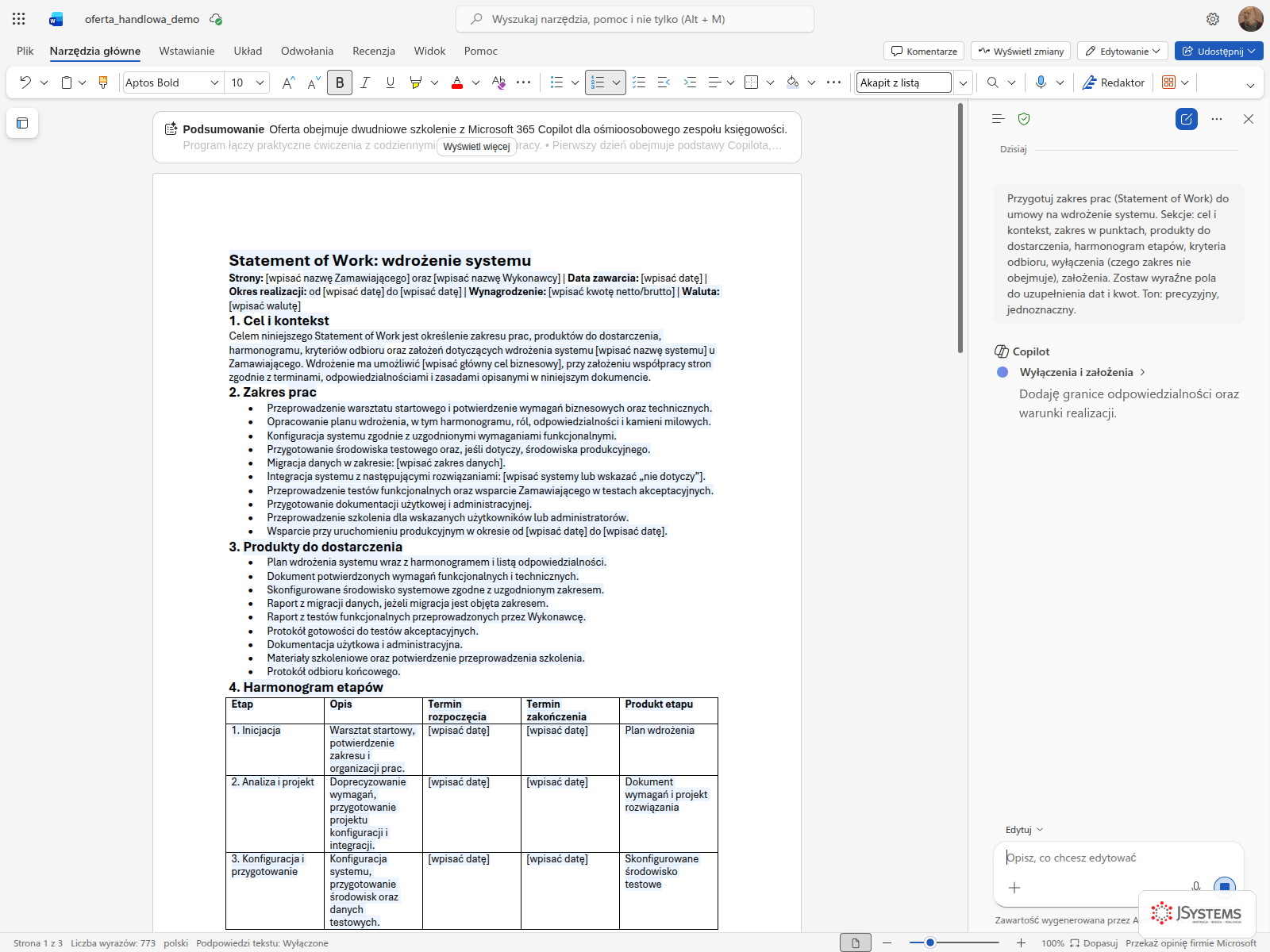 Panel Copilota w Word Online z zakresem prac Statement of Work i sekcją wyłączeń oraz założeń