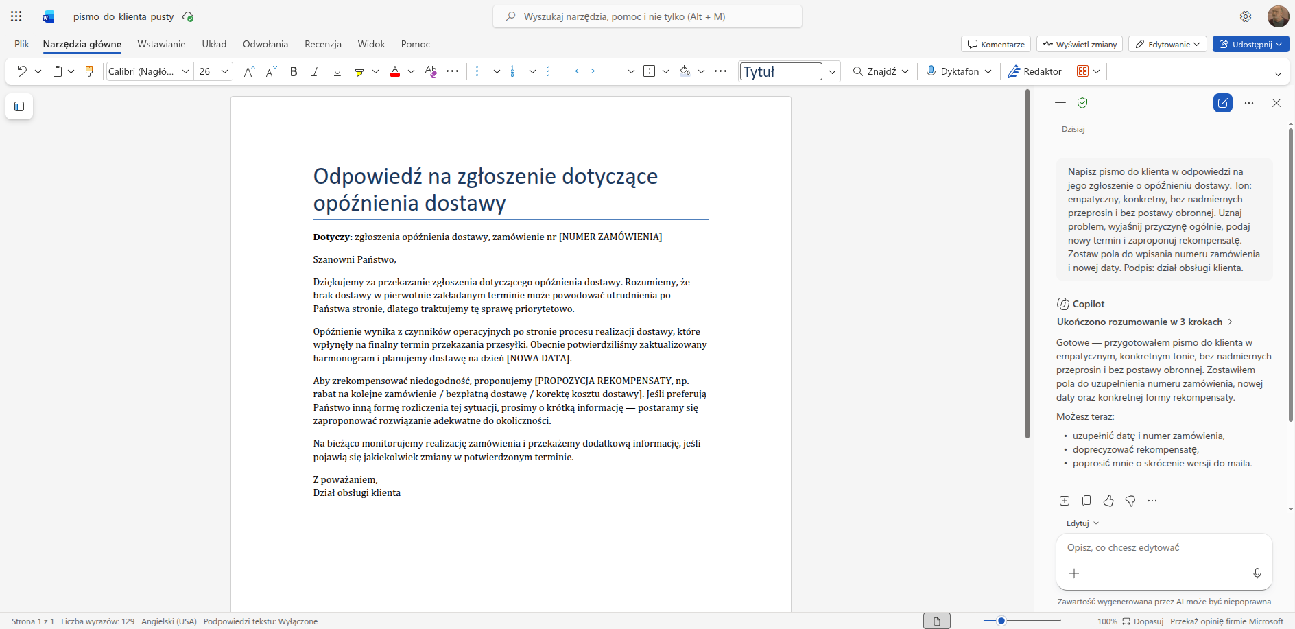 Pismo do klienta o opóźnieniu dostawy napisane przez Copilota w pustym dokumencie Word, z polami do uzupełnienia w nawiasach kwadratowych