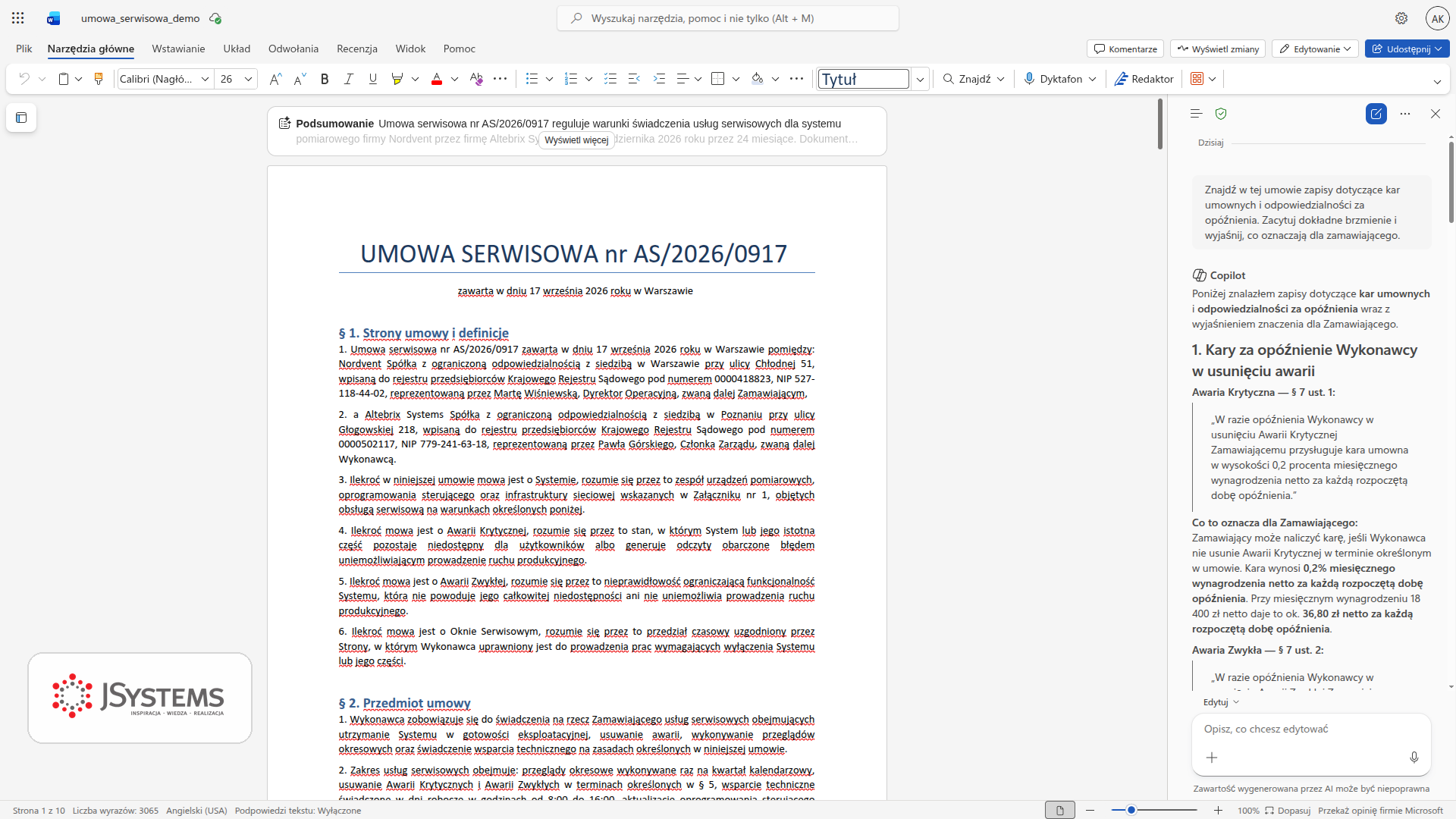 Copilot w Word cytuje zapisy o karach umownych z paragrafu 7 umowy serwisowej i przelicza wysokość kary na złotówki