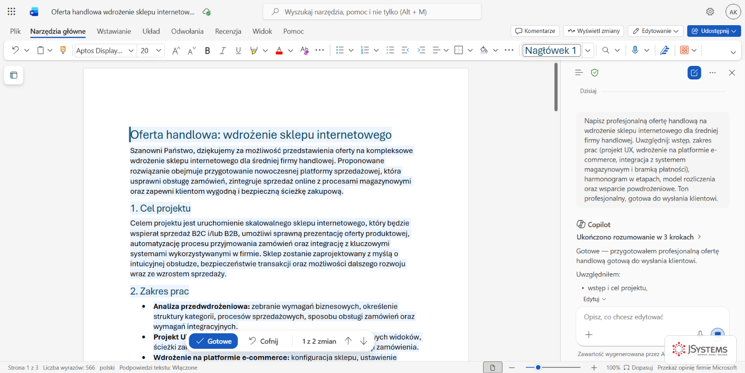 Panel Copilota w Word tworzy ofertę handlową według sekcji narzuconych w poleceniu, z przyciskami Gotowe i Cofnij