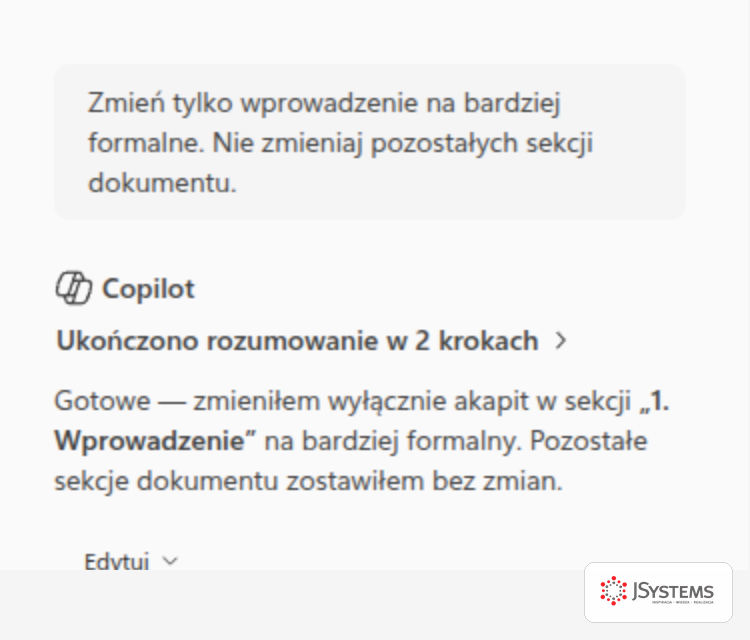 Panel Copilota w Wordzie z poleceniem ograniczającym zakres zmiany do samego wprowadzenia oraz odpowiedzią Copilota potwierdzającą, że pozostałe sekcje dokumentu zostały bez zmian