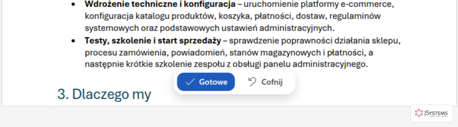 Pasek decyzji pod treścią wygenerowaną przez Copilota w Wordzie: niebieski przycisk Gotowe z ptaszkiem oraz przycisk Cofnij, powyżej fragment wygenerowanej oferty handlowej