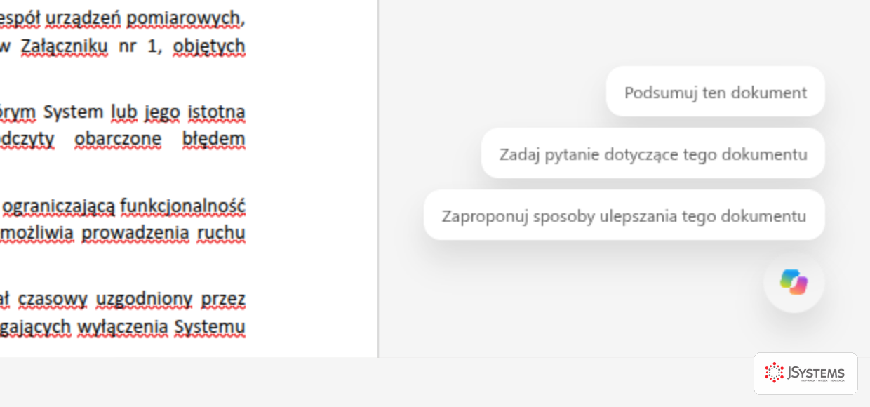 Prawy dolny róg okna Worda w przeglądarce: okrągły przycisk Copilota, nad nim trzy podpowiedzi Podsumuj ten dokument, Zadaj pytanie dotyczące tego dokumentu i Zaproponuj sposoby ulepszania tego dokumentu