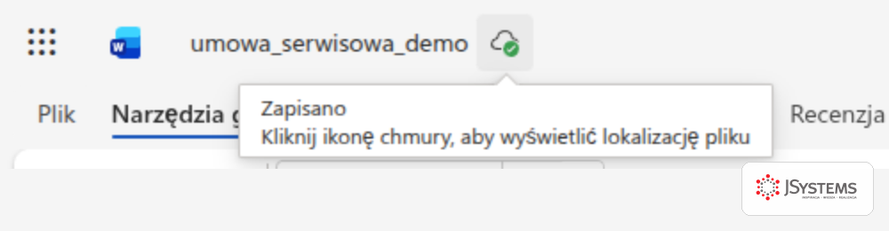 Pasek tytułu Worda w przeglądarce z nazwą pliku umowa_serwisowa_demo i zieloną ikoną chmury, obok podpowiedź Zapisano z informacją o kliknięciu ikony w celu wyświetlenia lokalizacji pliku