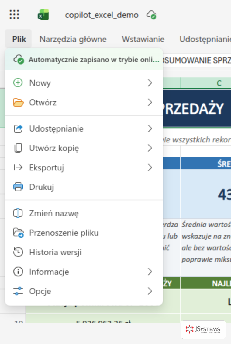 Menu Plik w Excelu online z komunikatem Automatycznie zapisano w trybie online na górze listy oraz pozycjami Nowy, Otwórz, Udostępnianie, Utwórz kopię i Eksportuj, obok nazwy pliku zielona ikona chmury