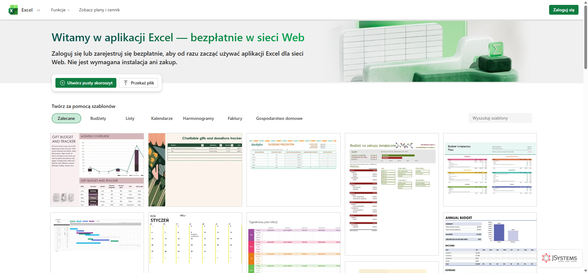 Excel Online strona startowa z szablonami arkuszy