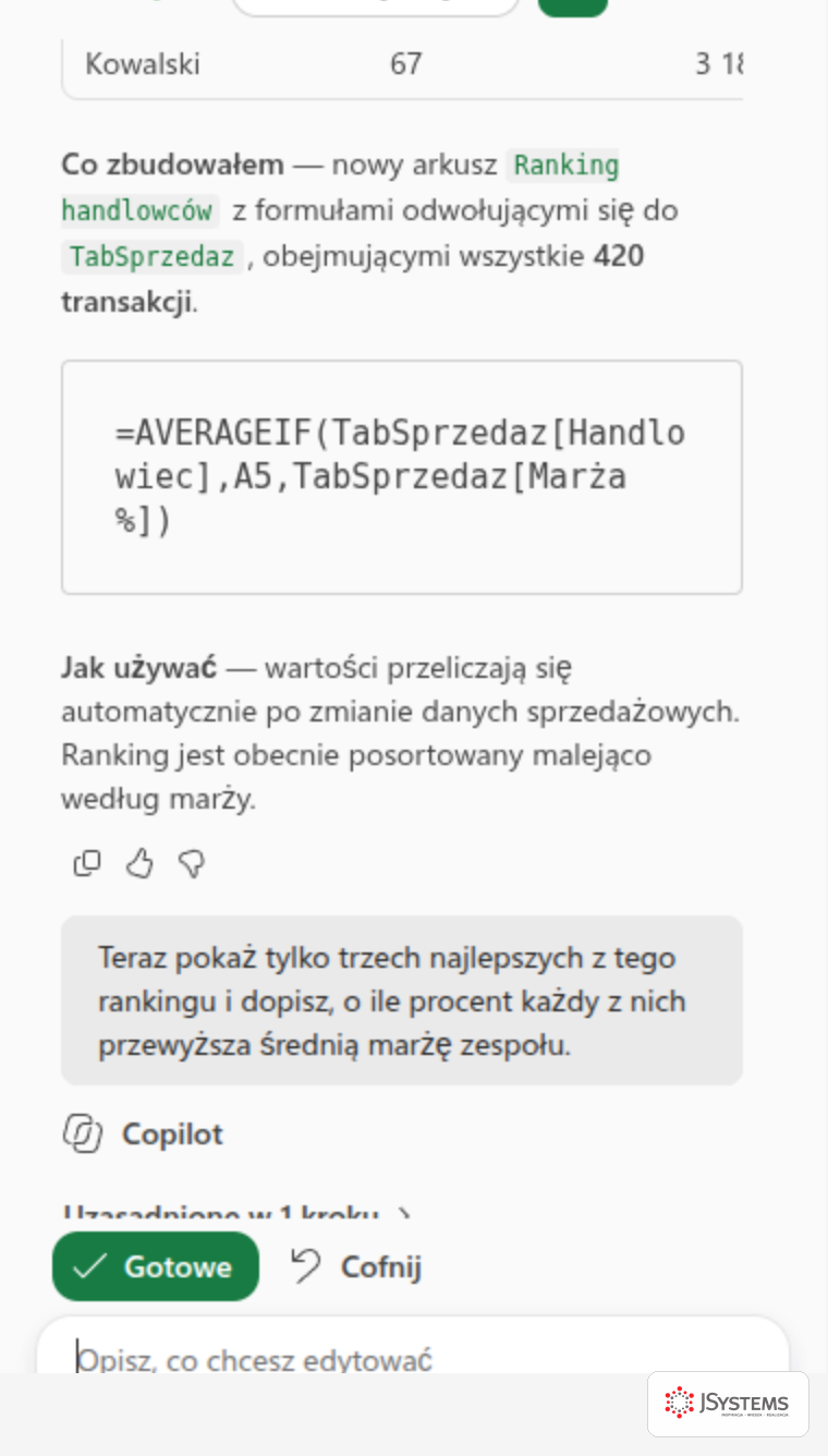 Panel Copilota w Excelu z ciągłą rozmową: gotowy ranking handlowców z formułą AVERAGEIF, pod nim pytanie użytkownika o trzech najlepszych i odniesienie do średniej zespołu oraz kolejna odpowiedź Copilota