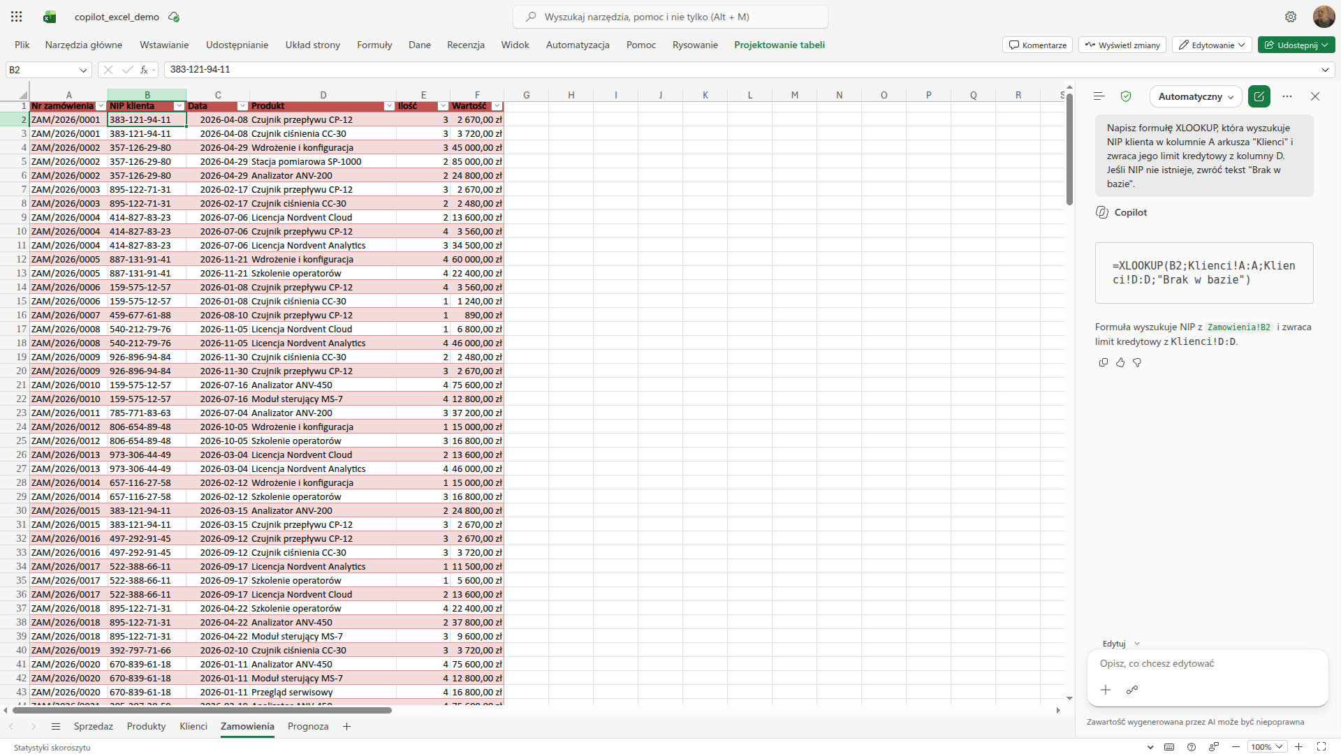 Copilot w Excelu podaje formułę XLOOKUP z tekstem zwracanym, gdy NIP nie zostanie znaleziony