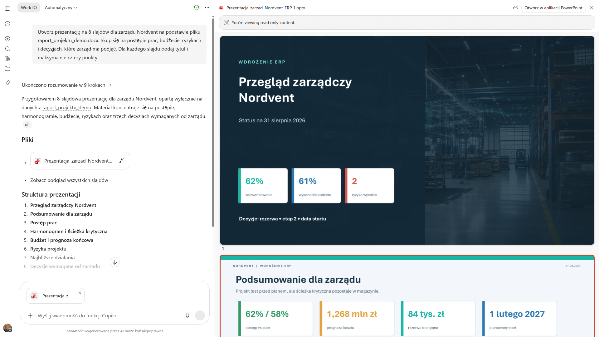 Copilot z podpiętą prezentacją: po lewej rozmowa ze strukturą ośmiu slajdów, po prawej żywy podgląd wygenerowanych slajdów